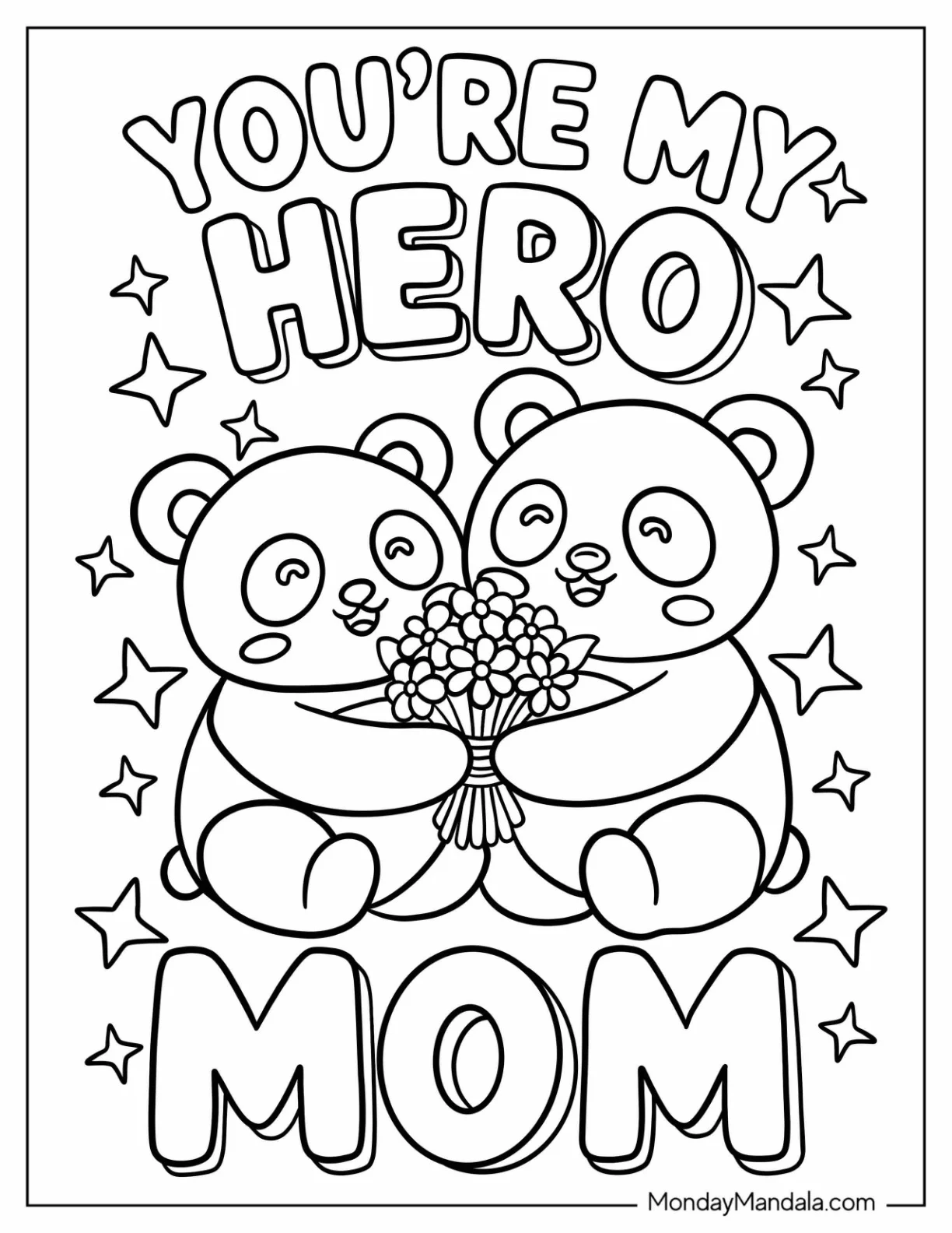 Mother and Child Pandas with Stars and Flowers Mother s Day Coloring Page for Kids coloring page — printable line art