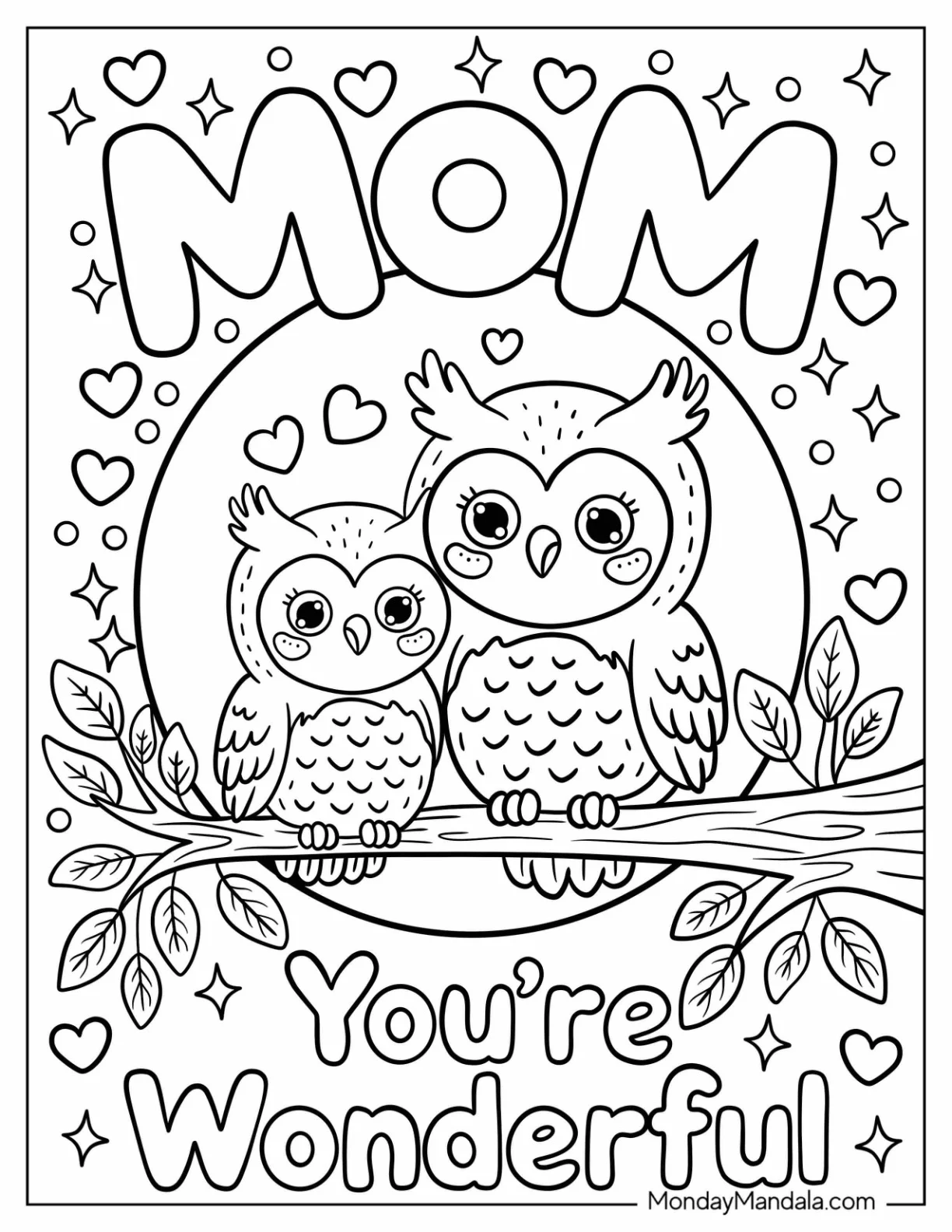 Mother s Day Coloring Page With Mama and Baby Owl Perched on a Branch Mother s Day For Kids coloring page — printable line art