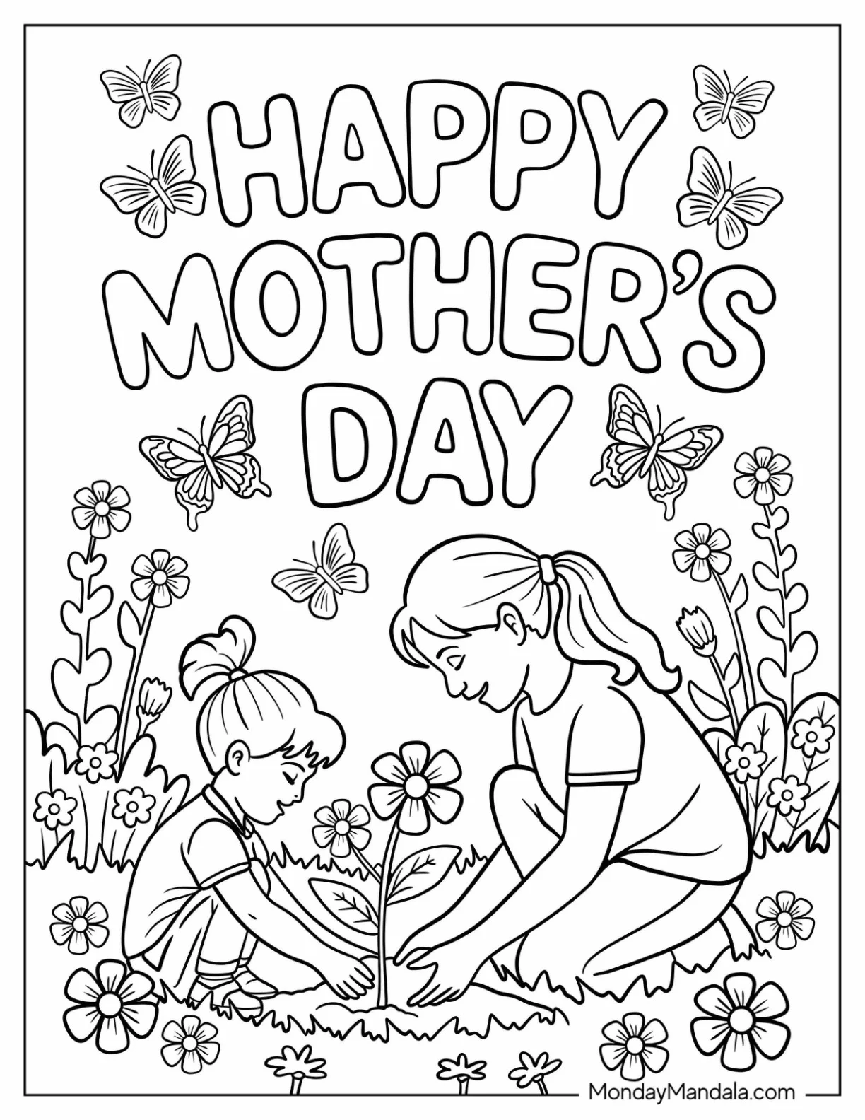 Mother’s Day Coloring Page Flower Planting With Mom And Daughter coloring page — printable line art
