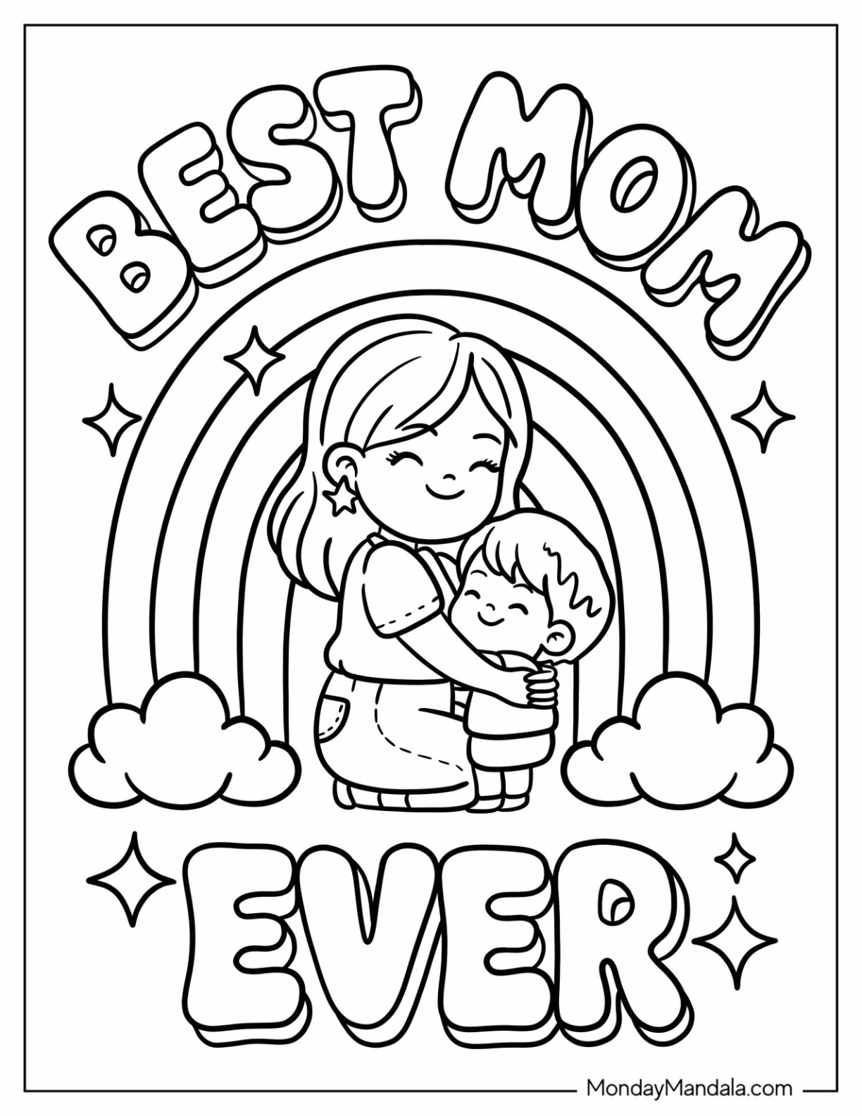 Mother's Day Coloring Page of Best Mom Ever With Chibi Mom and Child Hugging For Preschoolers coloring page — printable line art