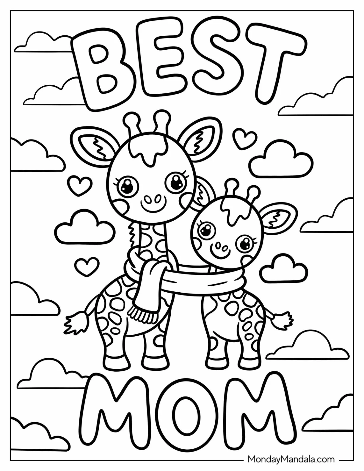 Mother's Day Coloring Page of Cartoon Mama and Baby Giraffe Sharing A Scarf Under Best Mom Words Coloring Sheet For Preschoolers coloring page — printable line art