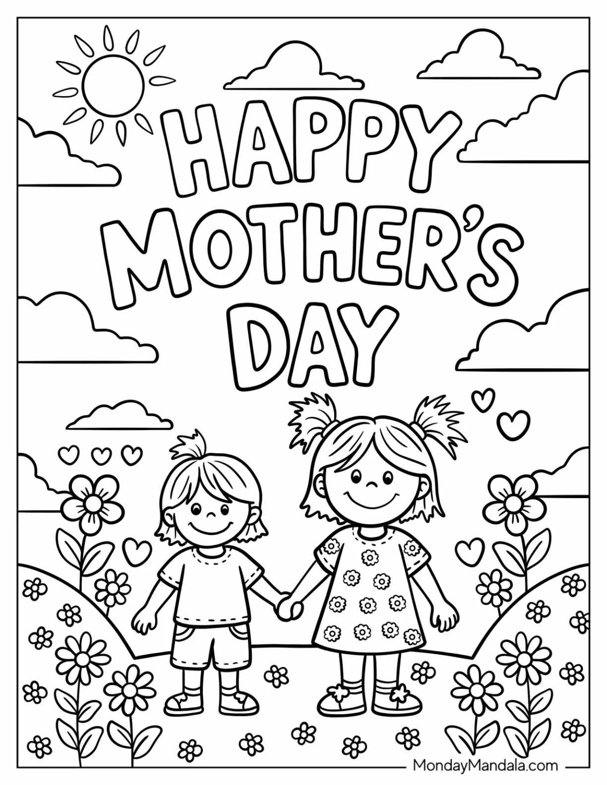 Mother's Day Coloring Page of Kawaii Mother and Child Holding Hands in the Garden For Kids coloring page — printable line art