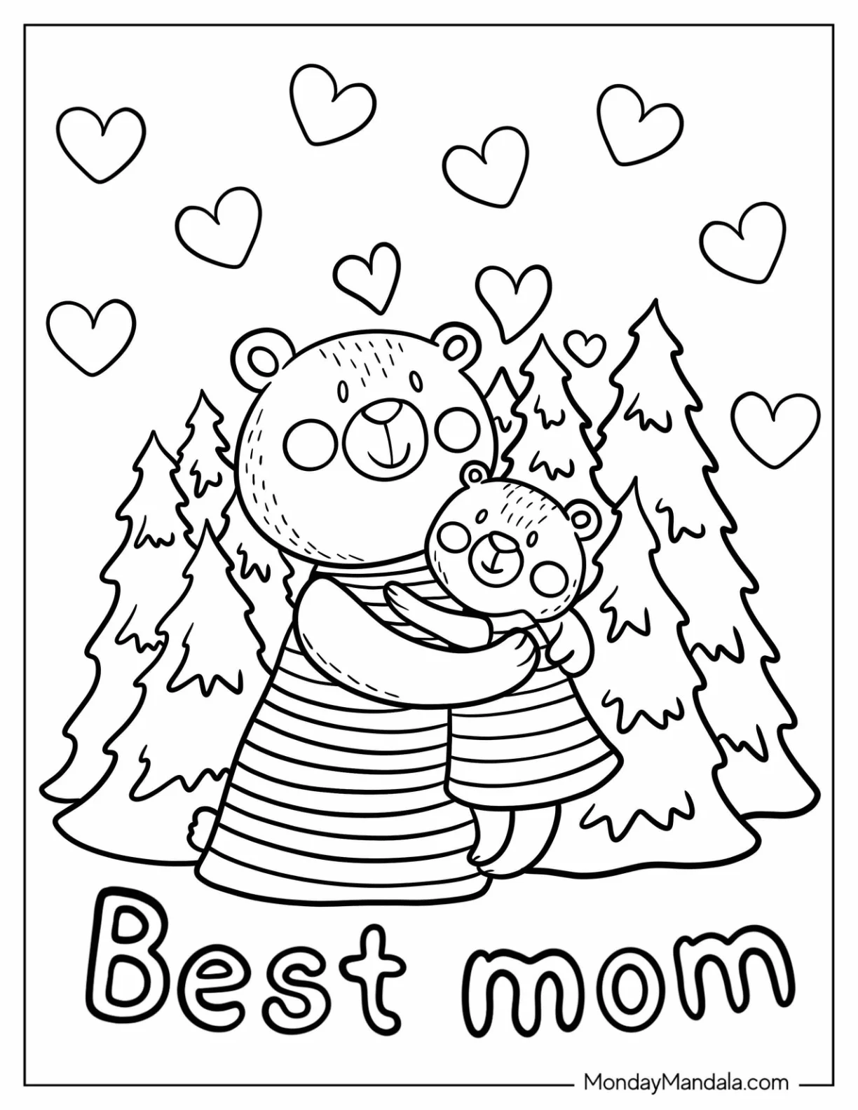 Mother's Day Coloring Page Of Mama Bear Hugging Baby Bear For Kids coloring page