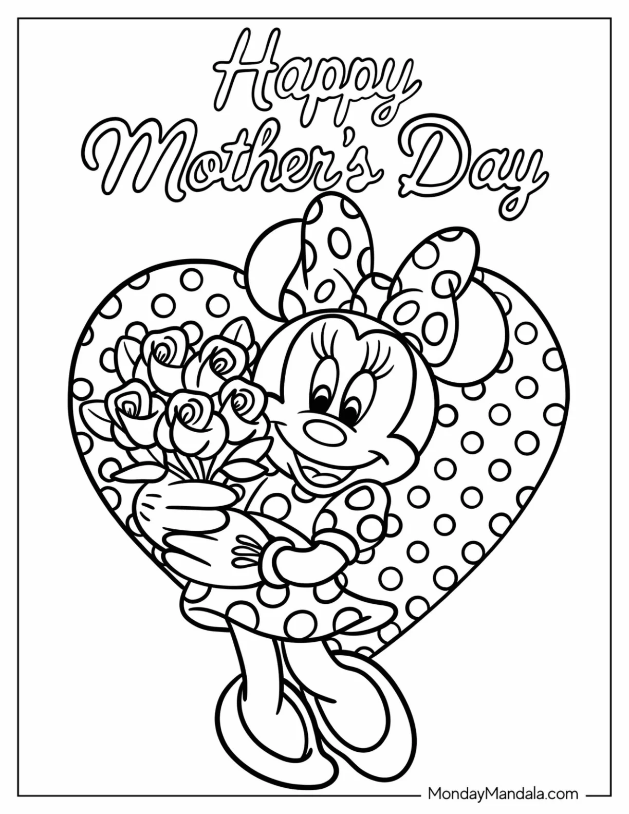Mother's Day Coloring Page Of Minnie Mouse With Flowers In A Polka Dot Love Heart coloring page — printable line art
