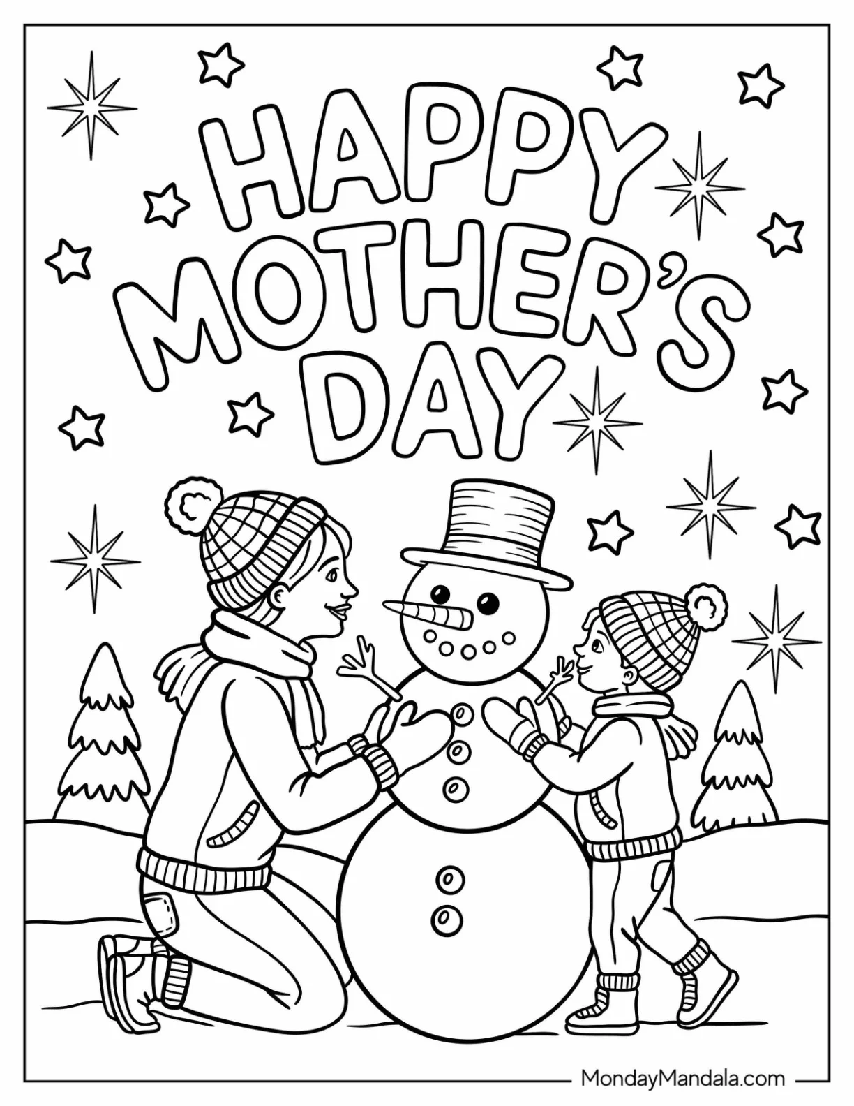 Mother's Day Coloring Page of Mother and Son Making a Snowman coloring page — printable line art