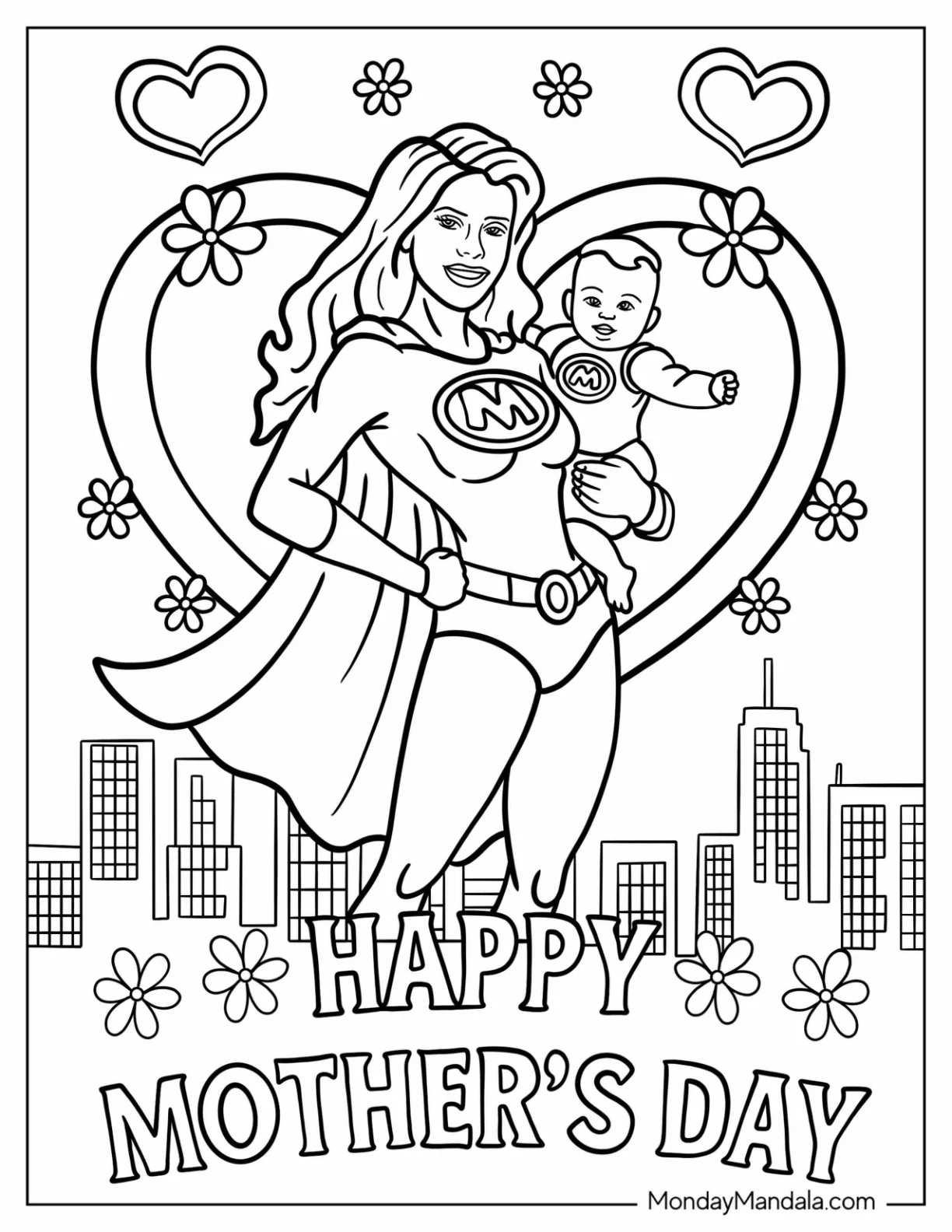 Mother's Day Coloring Page Of Supermom Holding A Baby For Kids coloring page