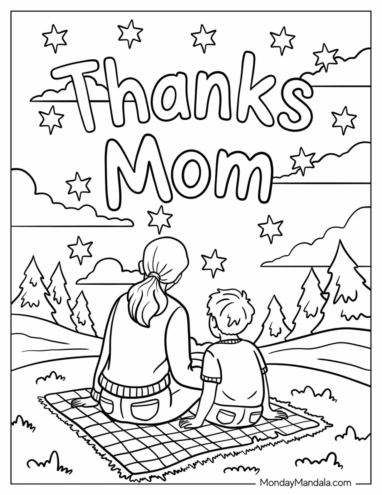 Mother's Day Coloring Page of Thanks Mom Words Above Mother and Child on a Picnic Mat coloring page — printable line art