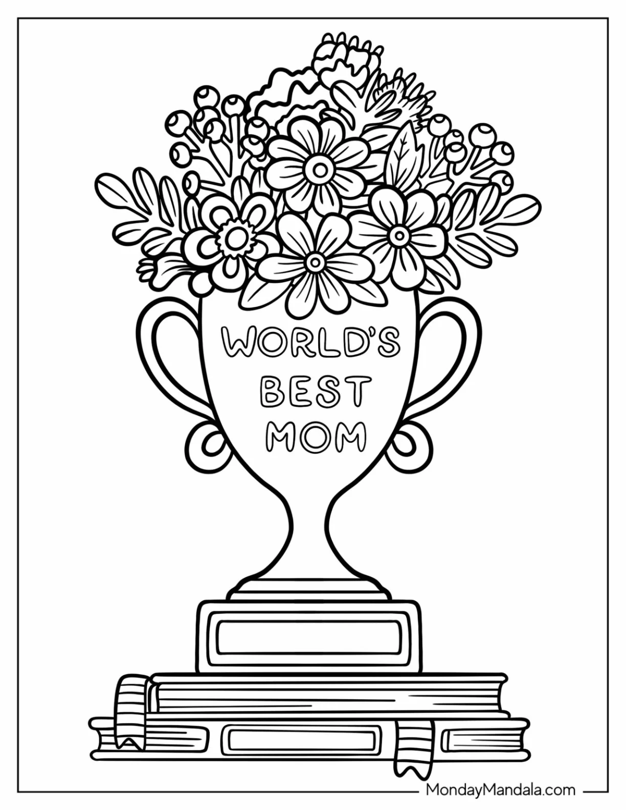 Mother's Day Coloring Page Of Trophy For World's Best Mom Full Of Flowers coloring page
