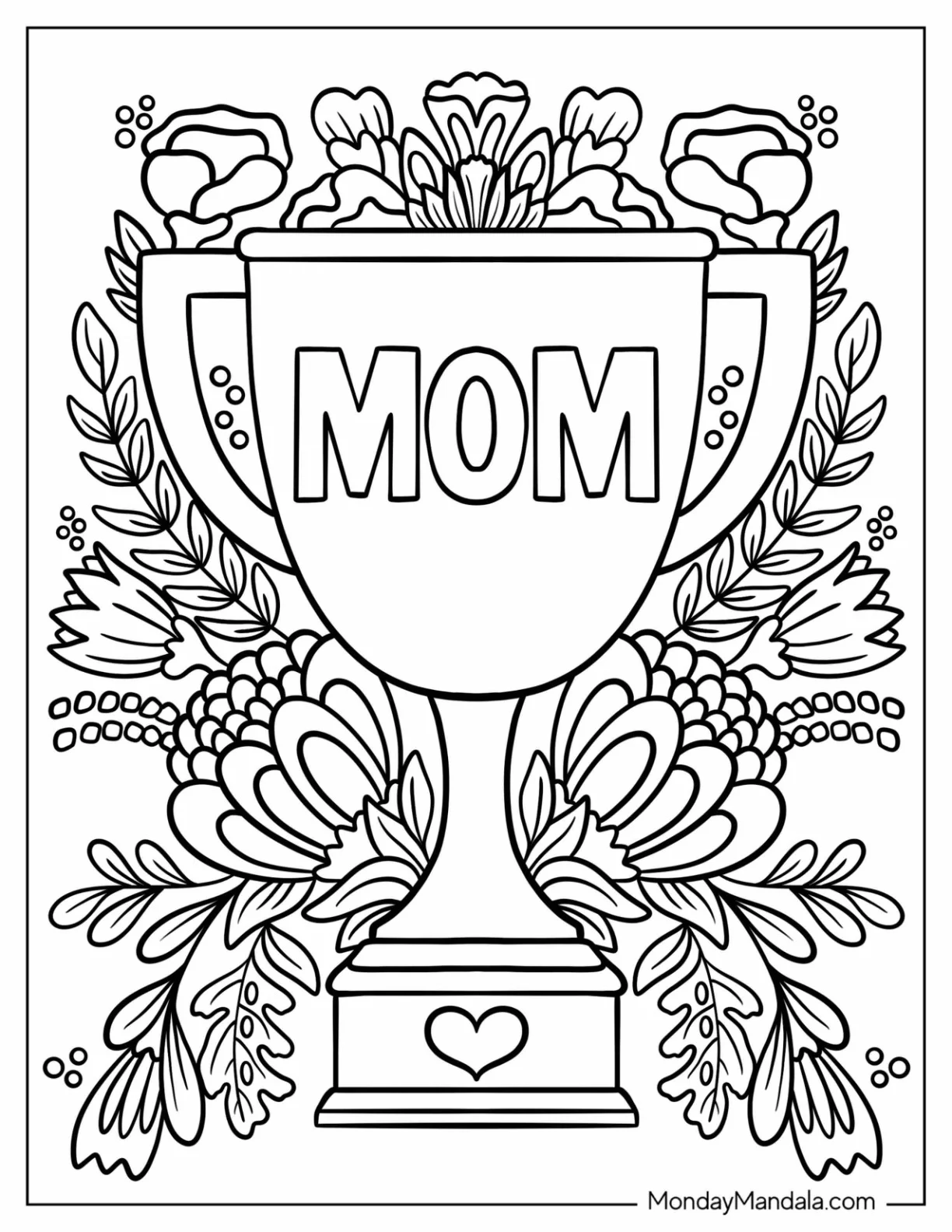 Mother's Day Coloring Page Of Trophy Surrounded By Flowers coloring page — printable line art