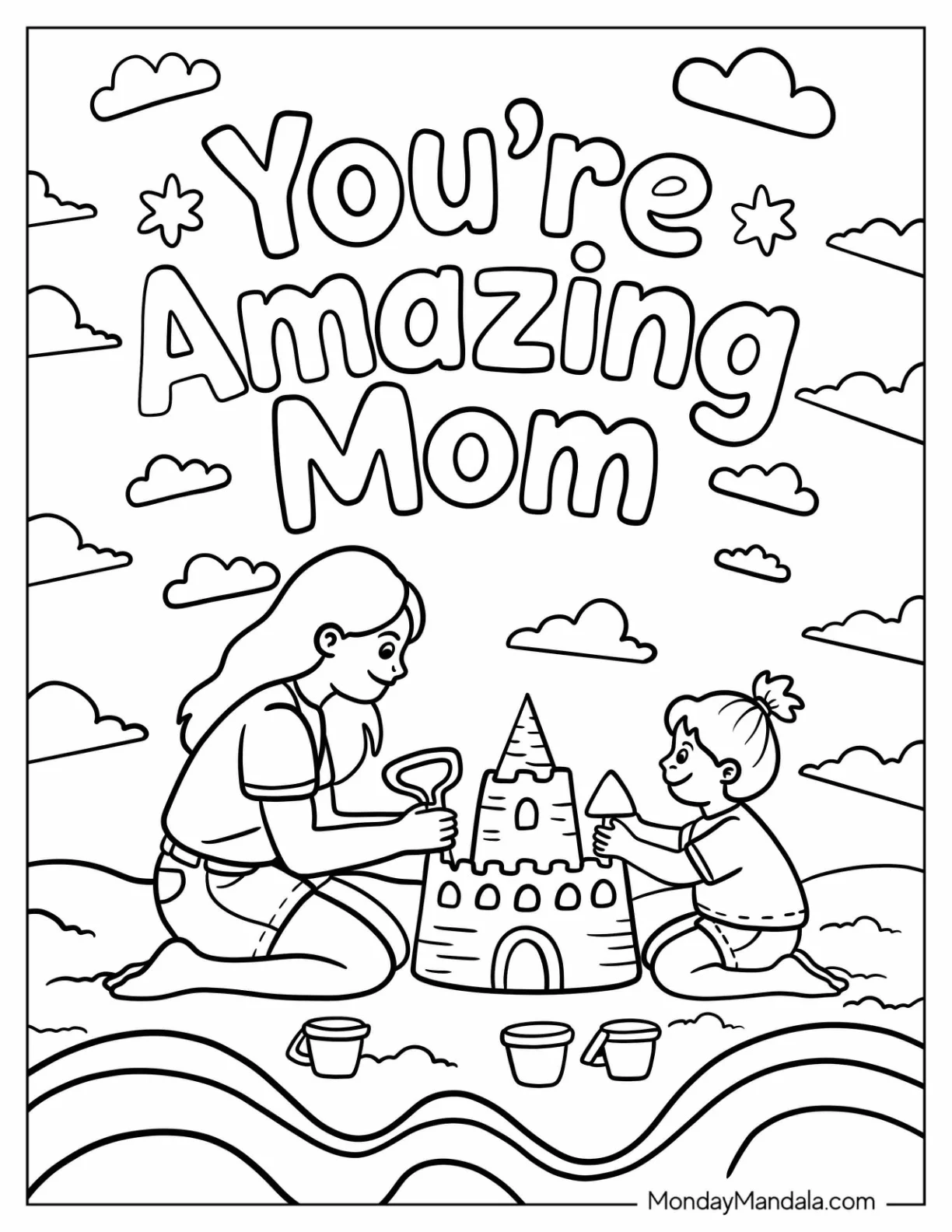 Mother's Day Coloring Page of You re Amazing Mom With Mother and Son Building a Sandcastle coloring page — printable line art