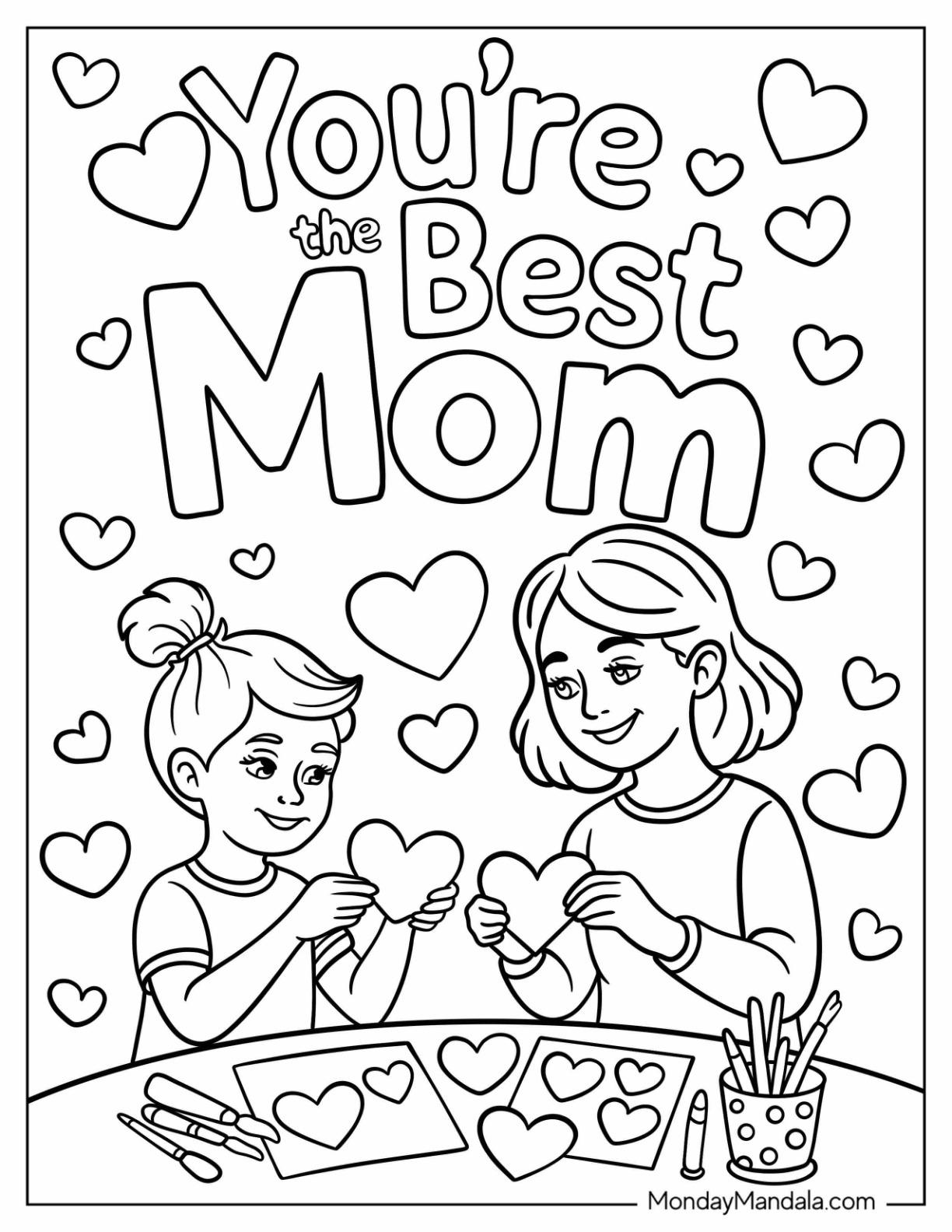 Mother's Day Coloring Page Of You re the Best Mom With Mother and Child Cutting Out Love Hearts coloring page — printable line art