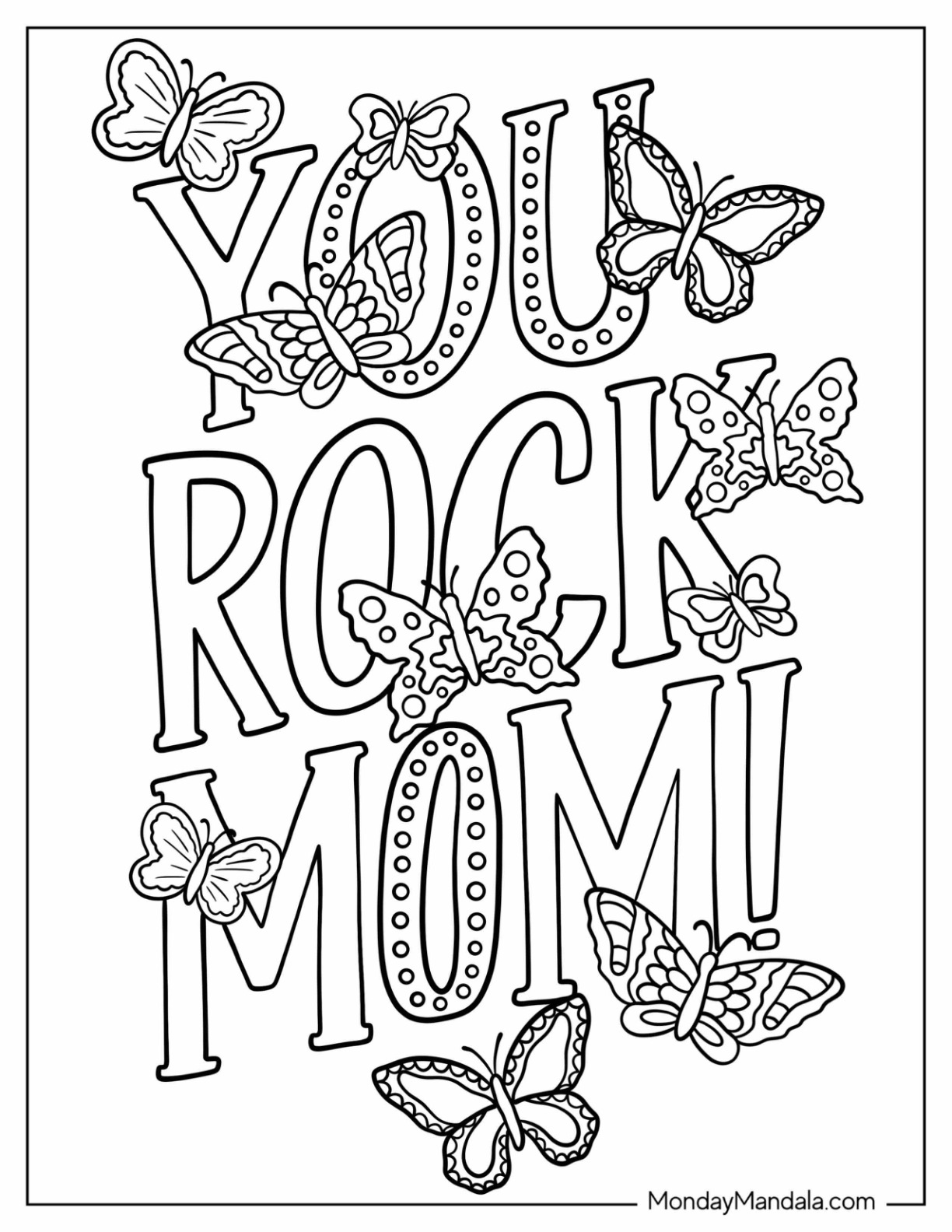 Mother's Day Coloring Page Of You Rock Mom Words With Butterflies coloring page