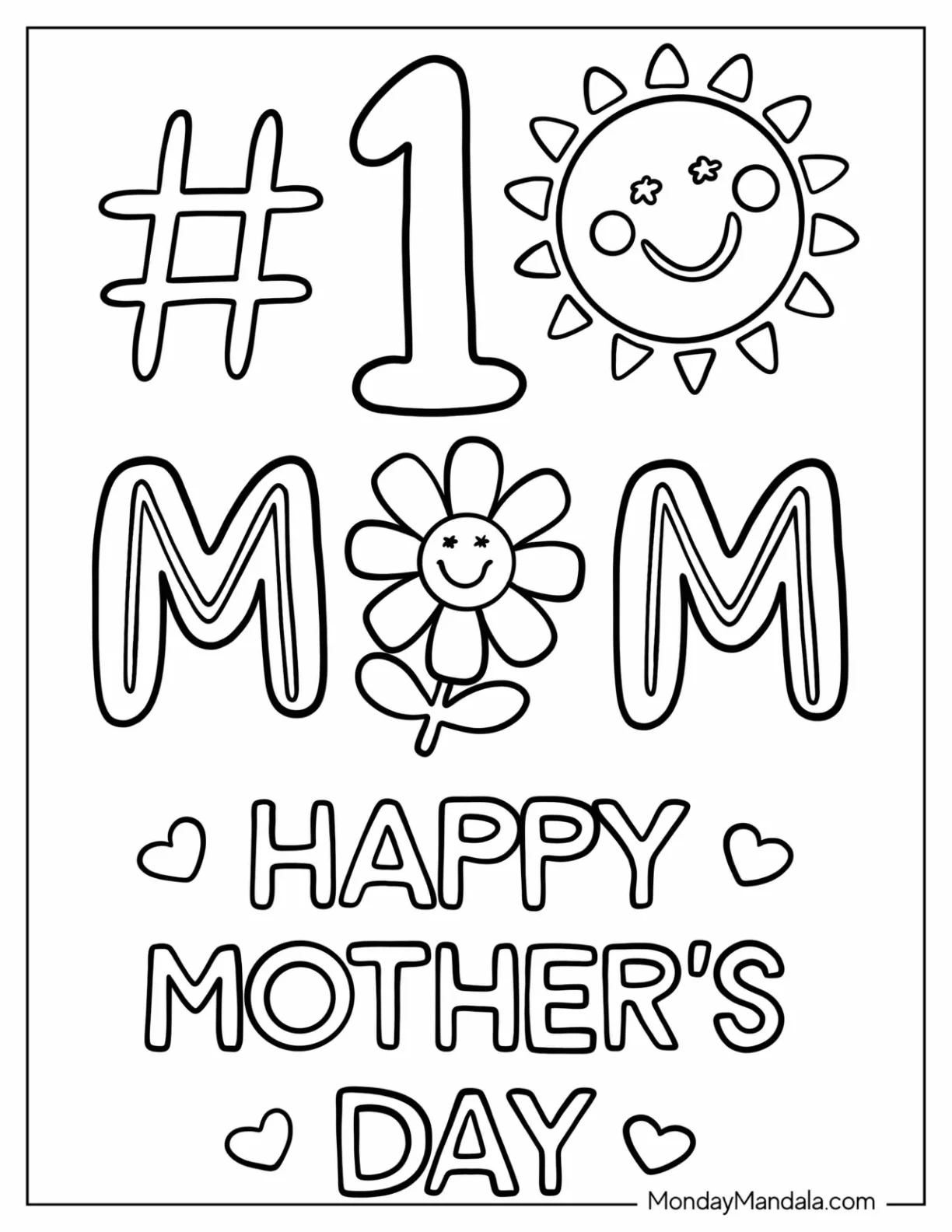 Number One Mother's Day Coloring Page Of Words With Cute Flowers And Sun coloring page — printable line art