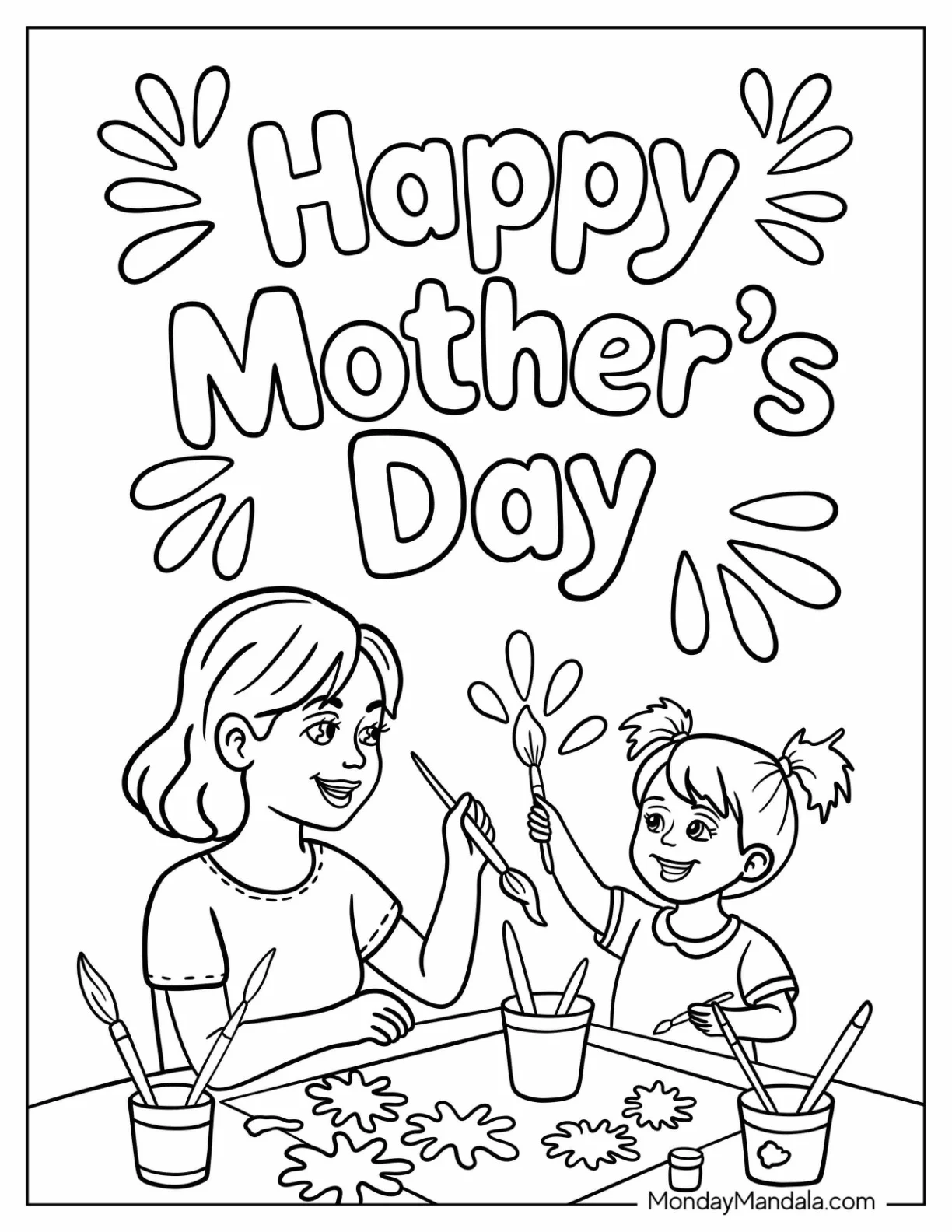 Simple Happy Mother's Day Coloring Page With Mom and Daughter Painting For Kids coloring page — printable line art