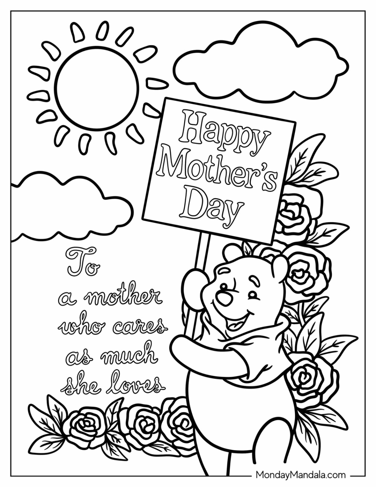 Smiling Winnie The Pooh Holding Up A Mother's Day Coloring Page coloring page