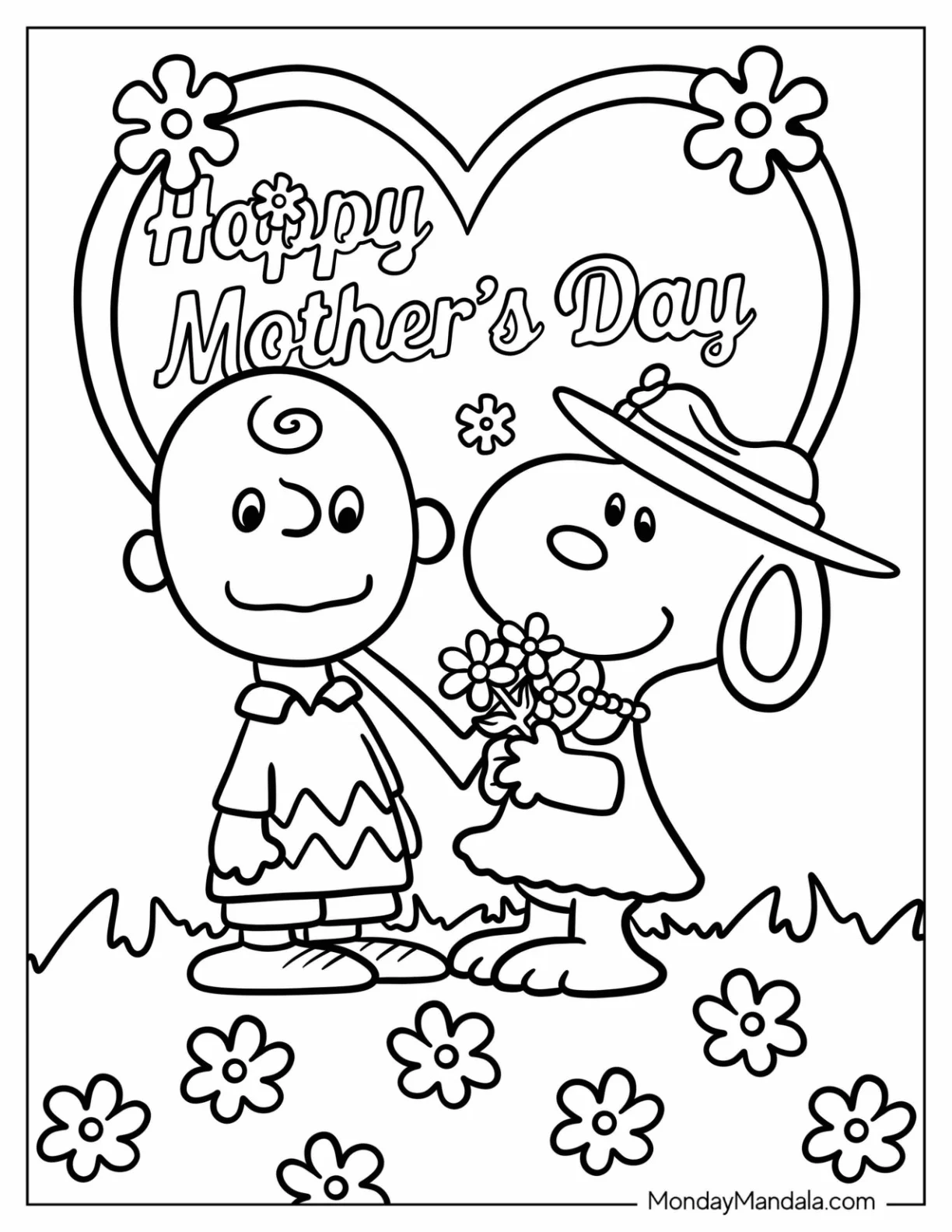 Snoopy And Charlie Brown With Mother's Day Coloring Page Greeting For Kids coloring page