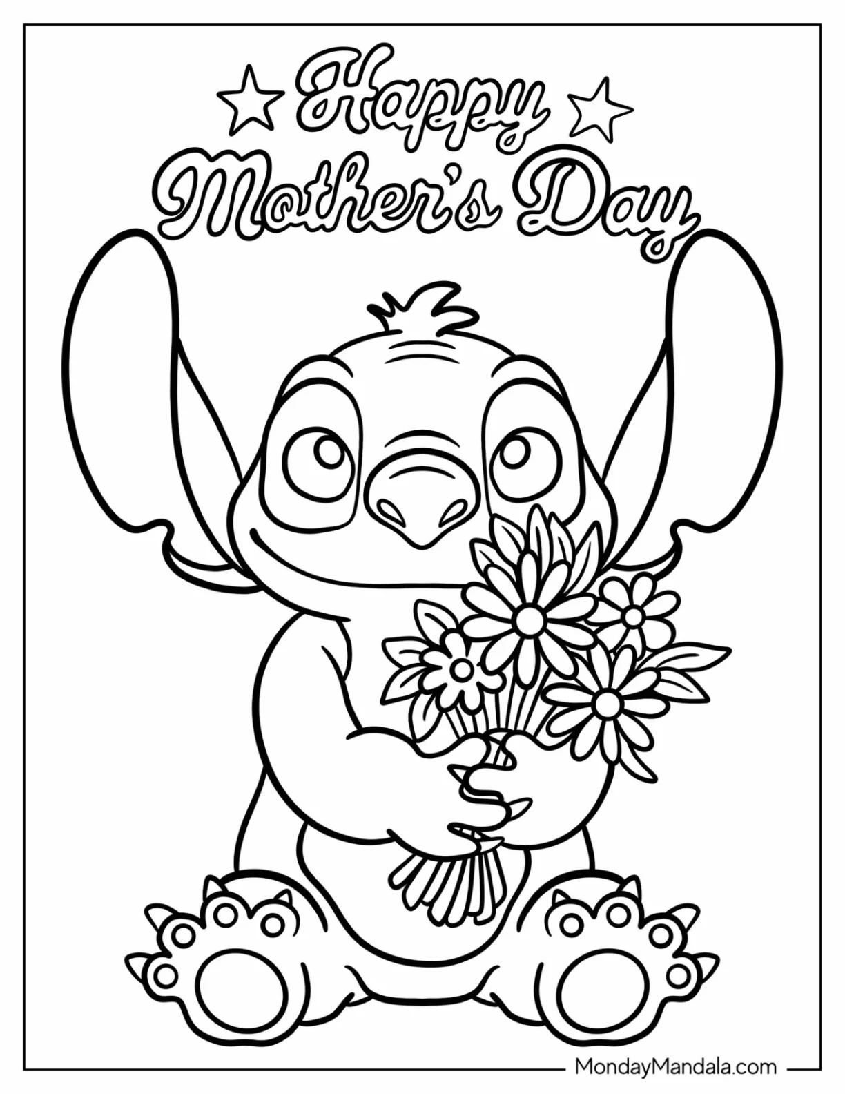 Stitch Carrying Flowers For Mother's Day Coloring Page For Kids coloring page — printable line art