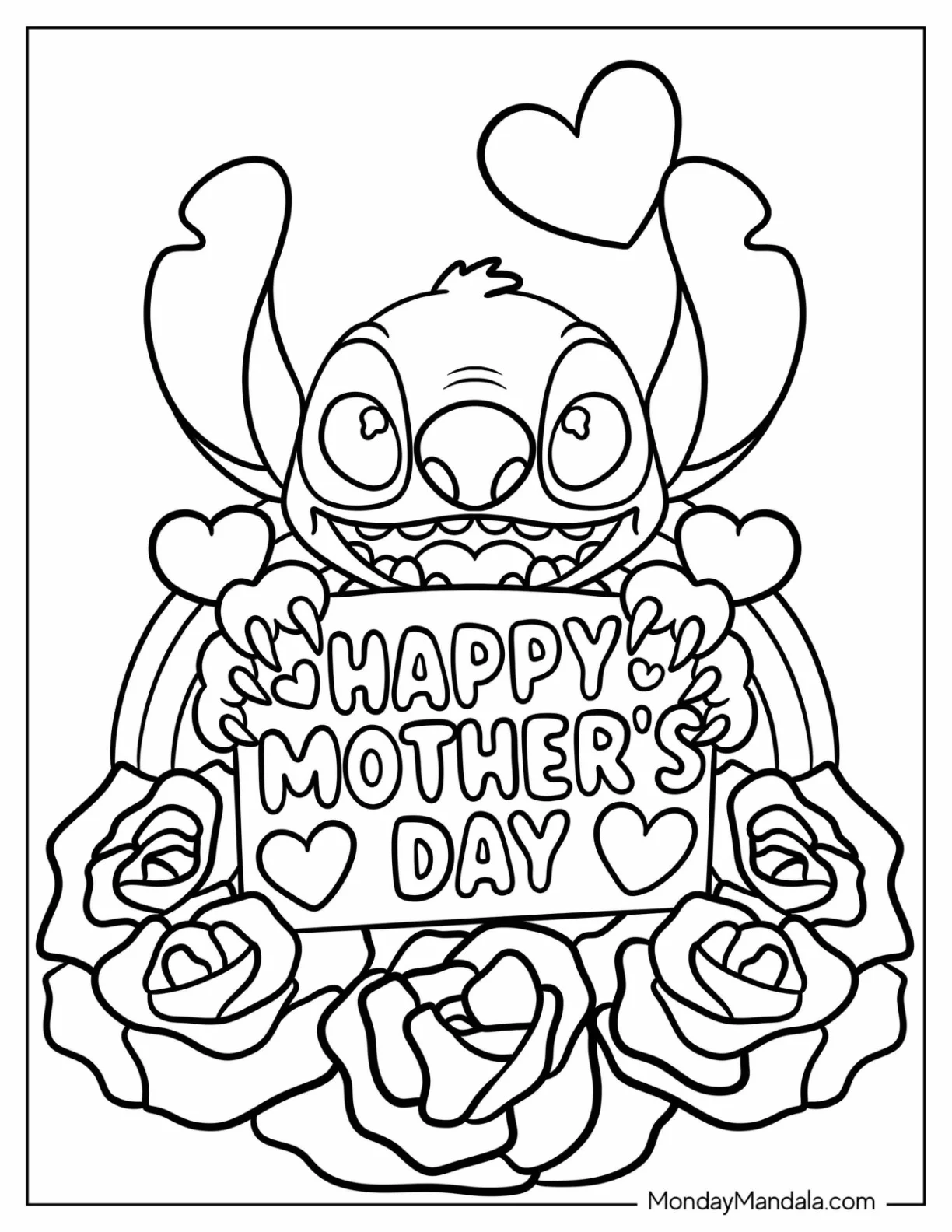 Stitch Holding Up A Happy Mother's Day Coloring Page Of Sign coloring page