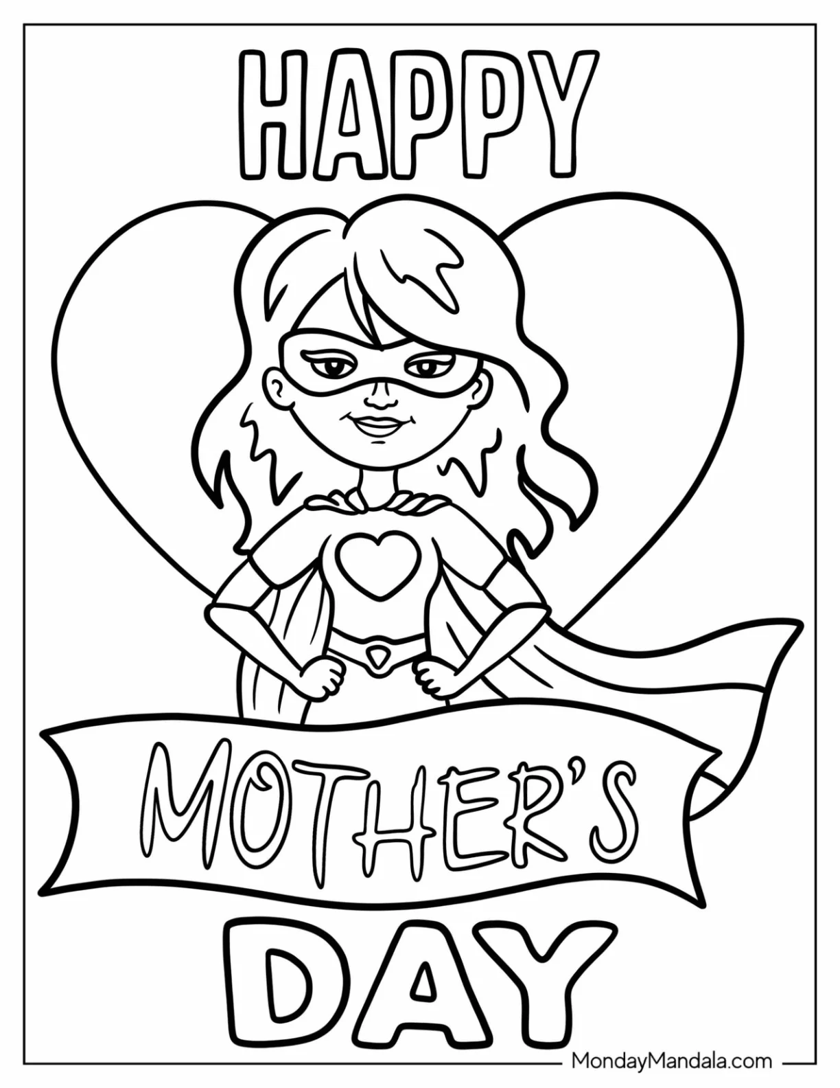 Superhero Mom With Mother's Day Coloring Page Banner For Kids coloring page