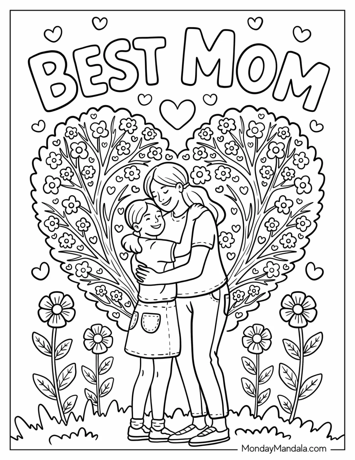 Sweet Mother's Day Coloring Page of Embrace With  Best Mom  Banner coloring page — printable line art