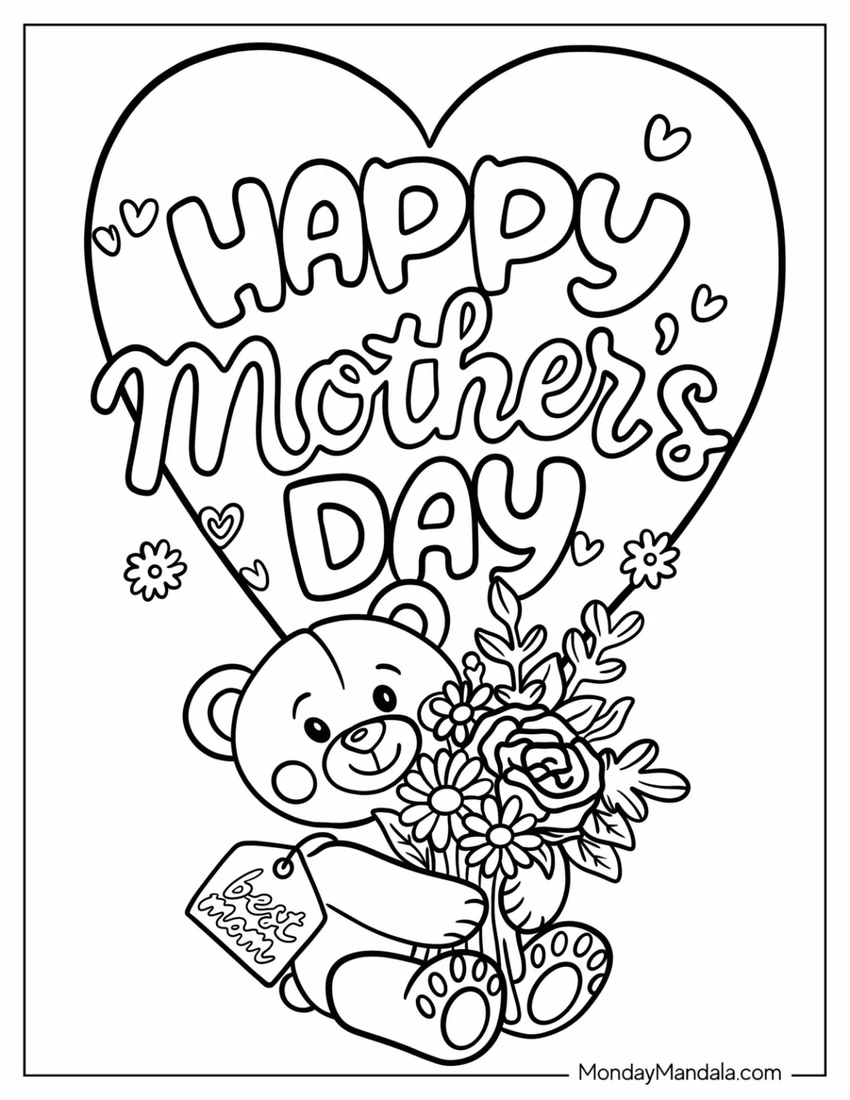 Teddy Bear Hugging Flower For Mother's Day Coloring Page coloring page