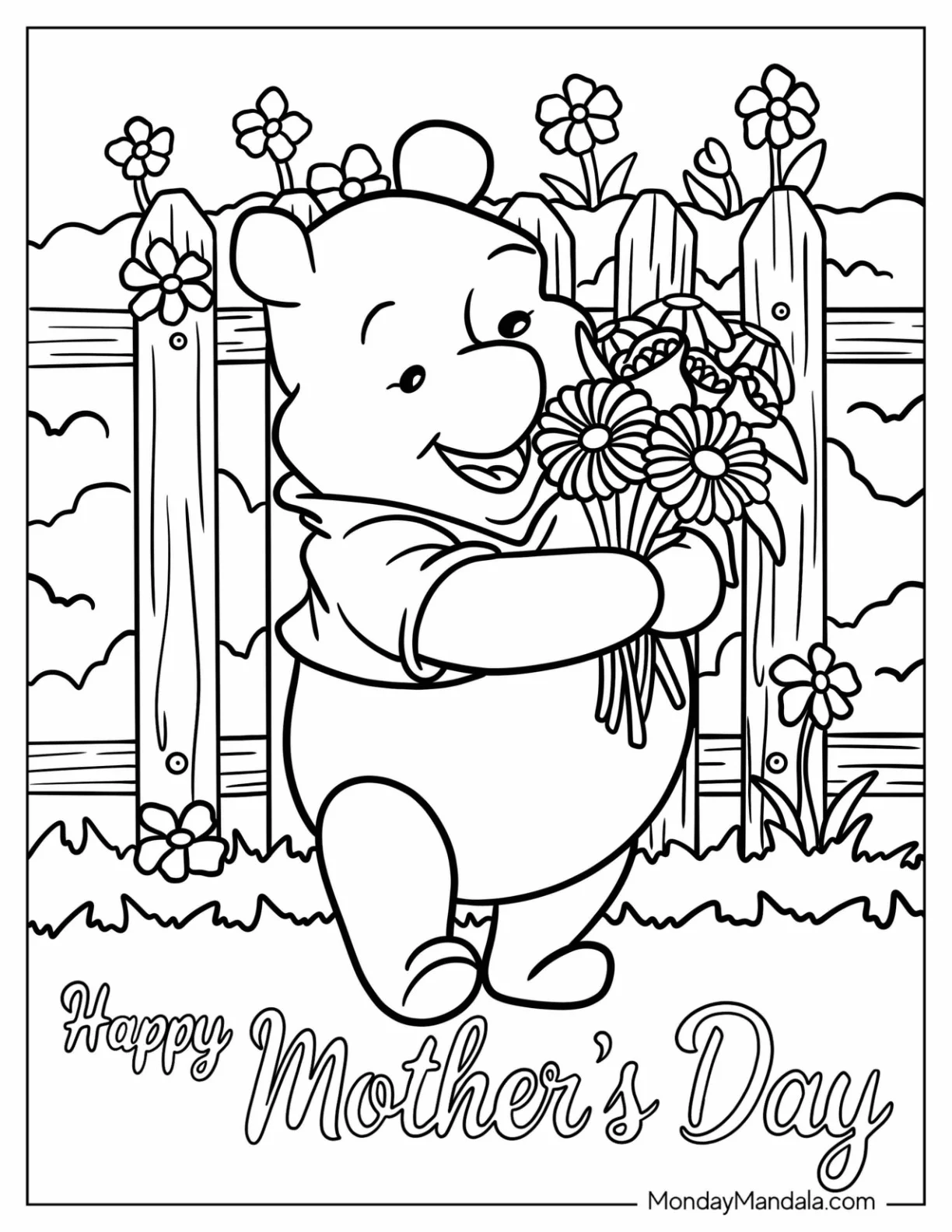Winnie The Pooh Carrying A Flower Bouquet For Mother's Day Coloring Page coloring page