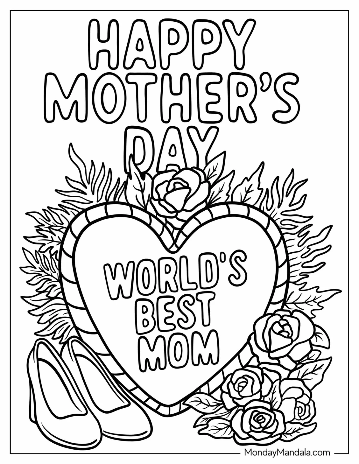 World's Best Mother's Day Coloring Page Inside A Love Heart With Flowers coloring page