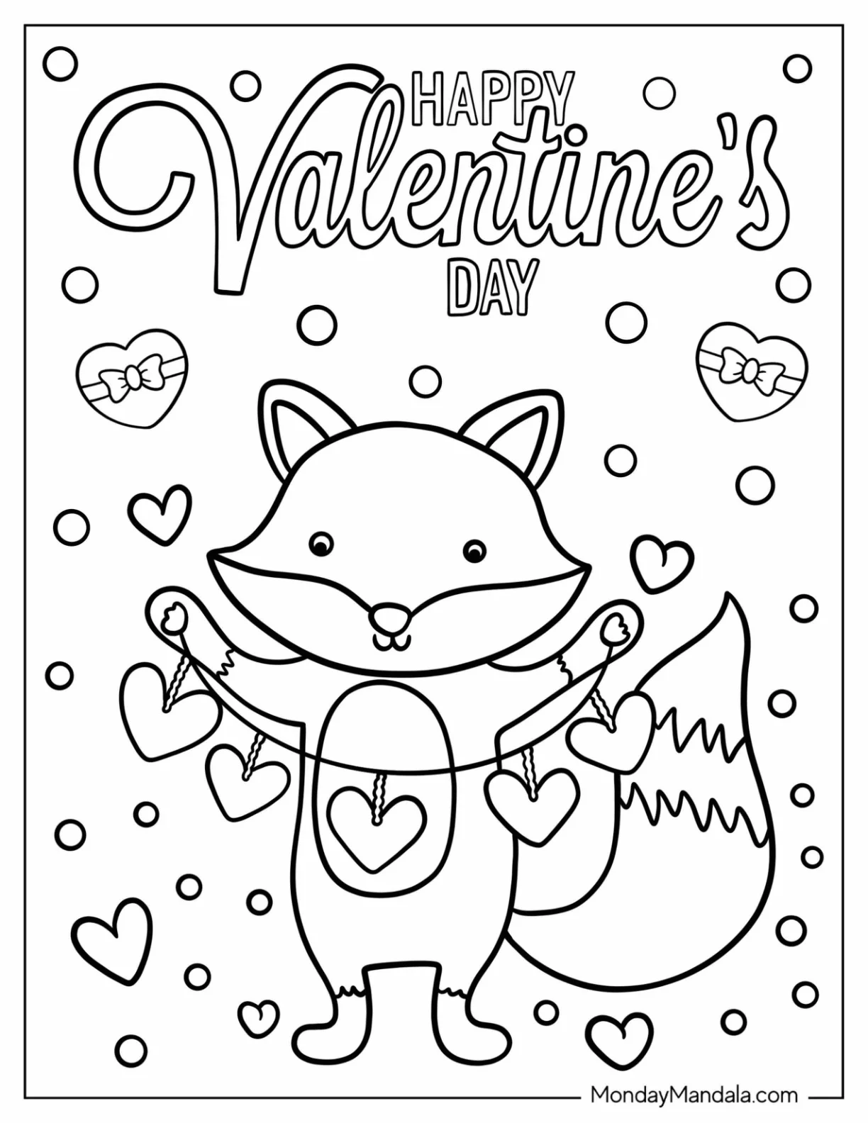 Adorable Fox Holding Up A Love Heart Banner Valentine s Day Coloring Page For Kids coloring page