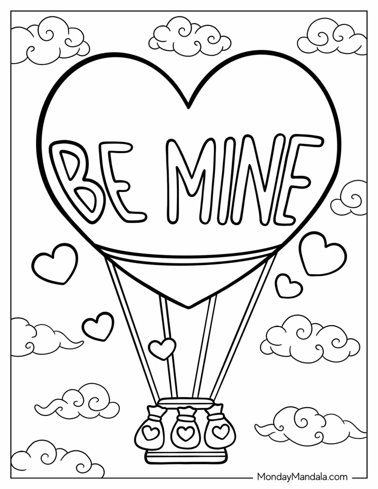 Be Mine Hot Air Balloon Valentine's Day Coloring Page For Kids coloring page