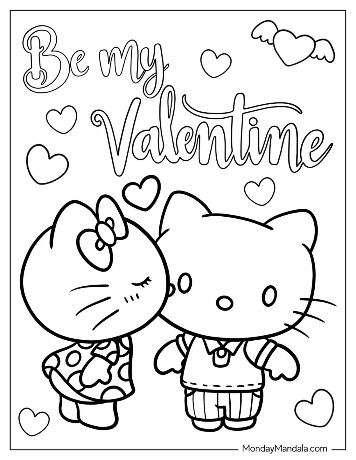 Be My Valentine Hello Kitty Kissing Dear Daniel Coloring Page coloring page — printable line art
