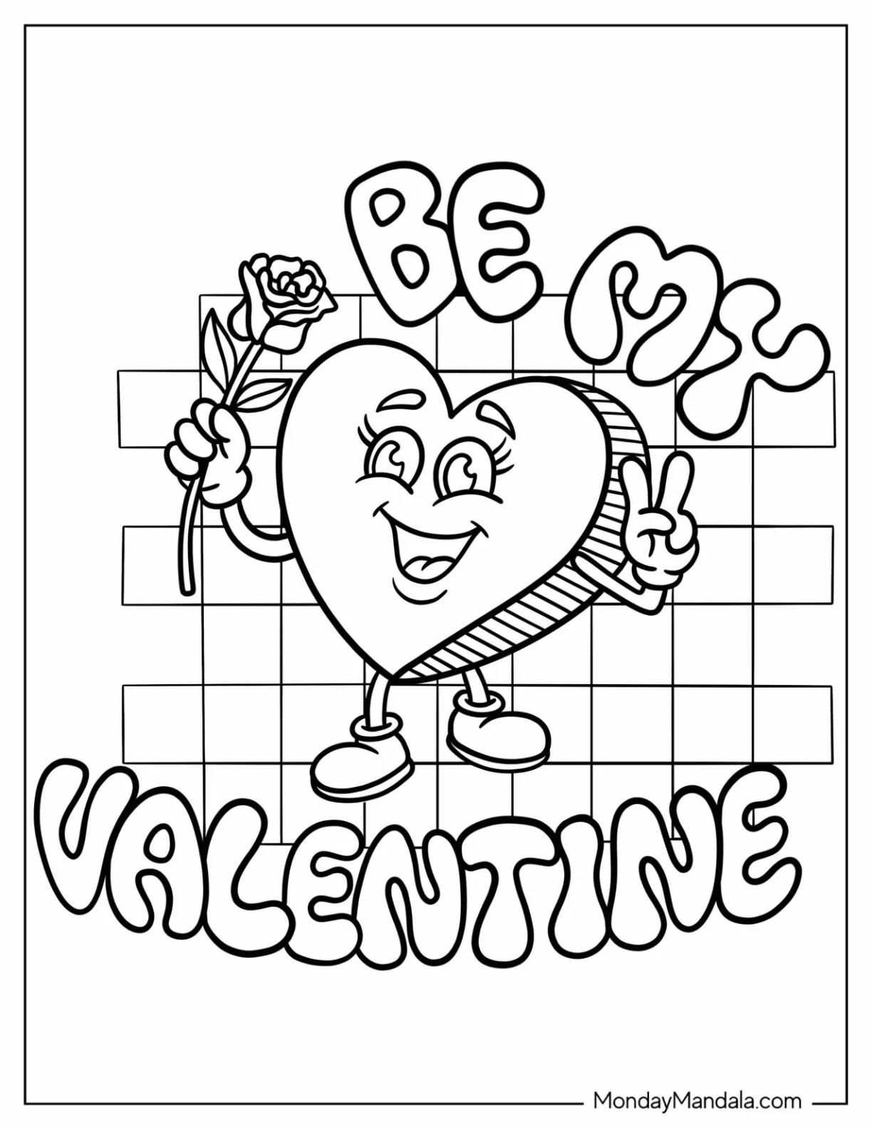 Be My Valentine Words With Love Heart Holding A Rose Coloring Page coloring page