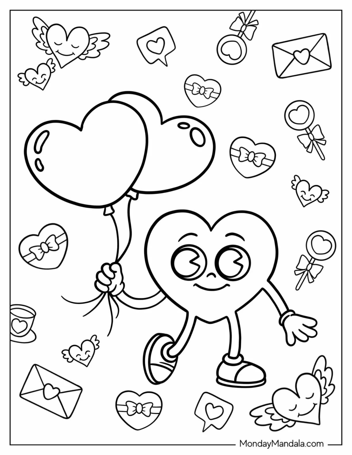 Cartoon Love Heart Holding Balloons Valentine s Day Coloring Sheet coloring page