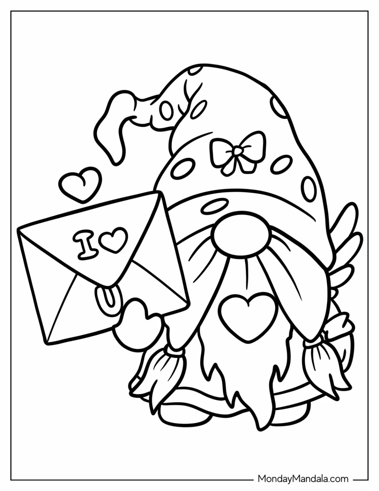 Cute Gnome Holding A Love Letter Coloring Sheet For Preschoolers coloring page