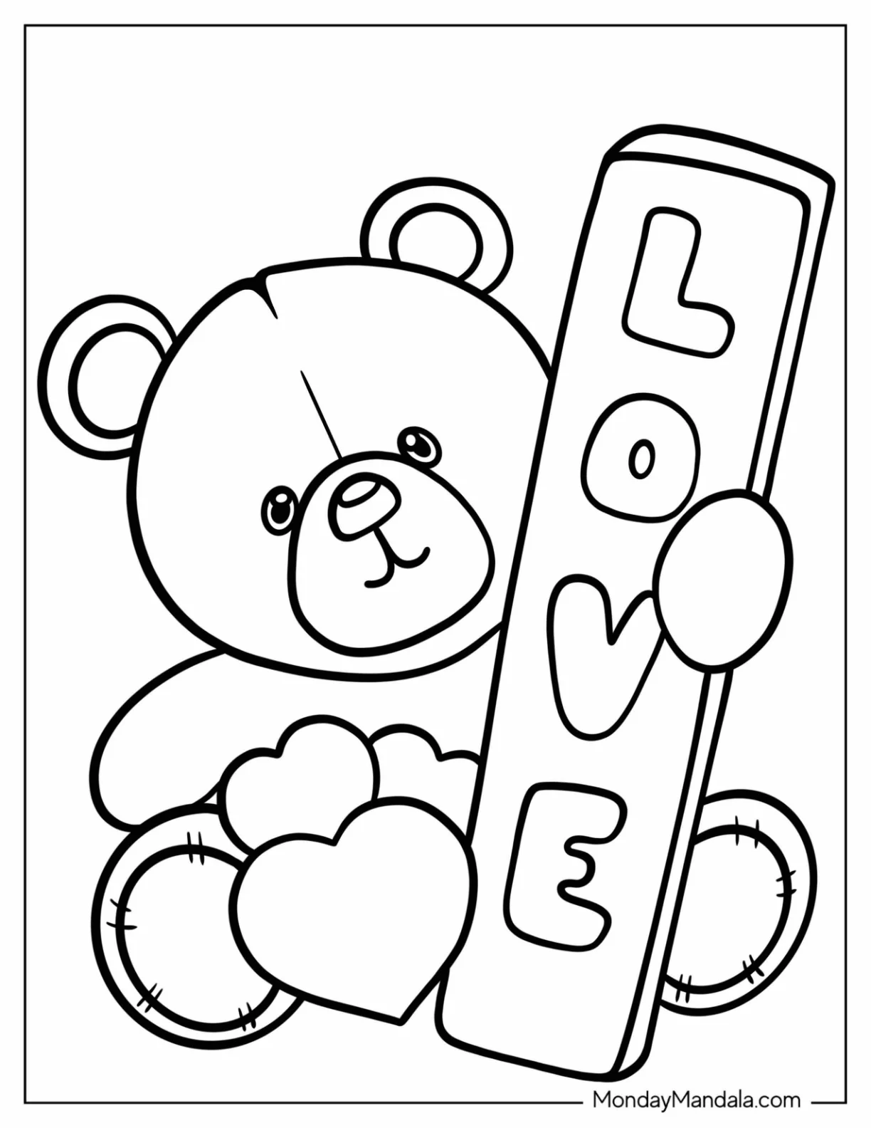 Cute Teddy Bear With Love Sign Valentine's Day Coloring Page For Preschoolers coloring page — printable line art