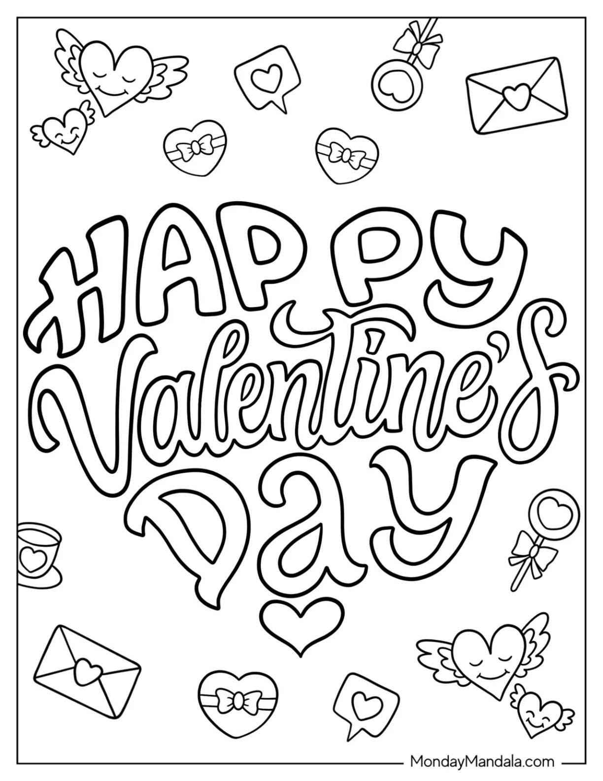 Easy Happy Valentine's Day Coloring Page Script coloring page — printable line art