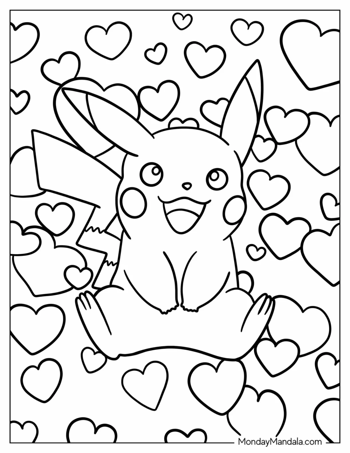 Easy Pikachu Surrounded By Love Hearts Valentine s Day Coloring Page For Kids coloring page