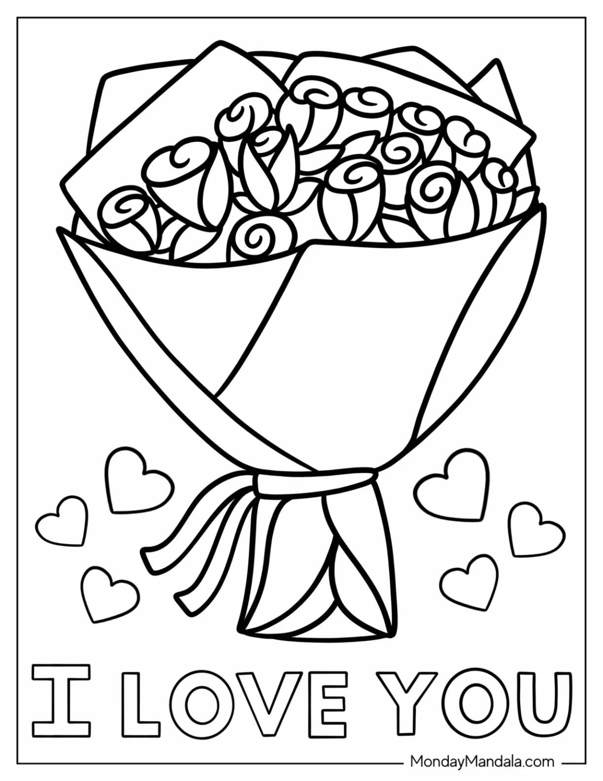 Easy Rose Bouquet I Love You Valentine's Day Coloring Page For Kids coloring page