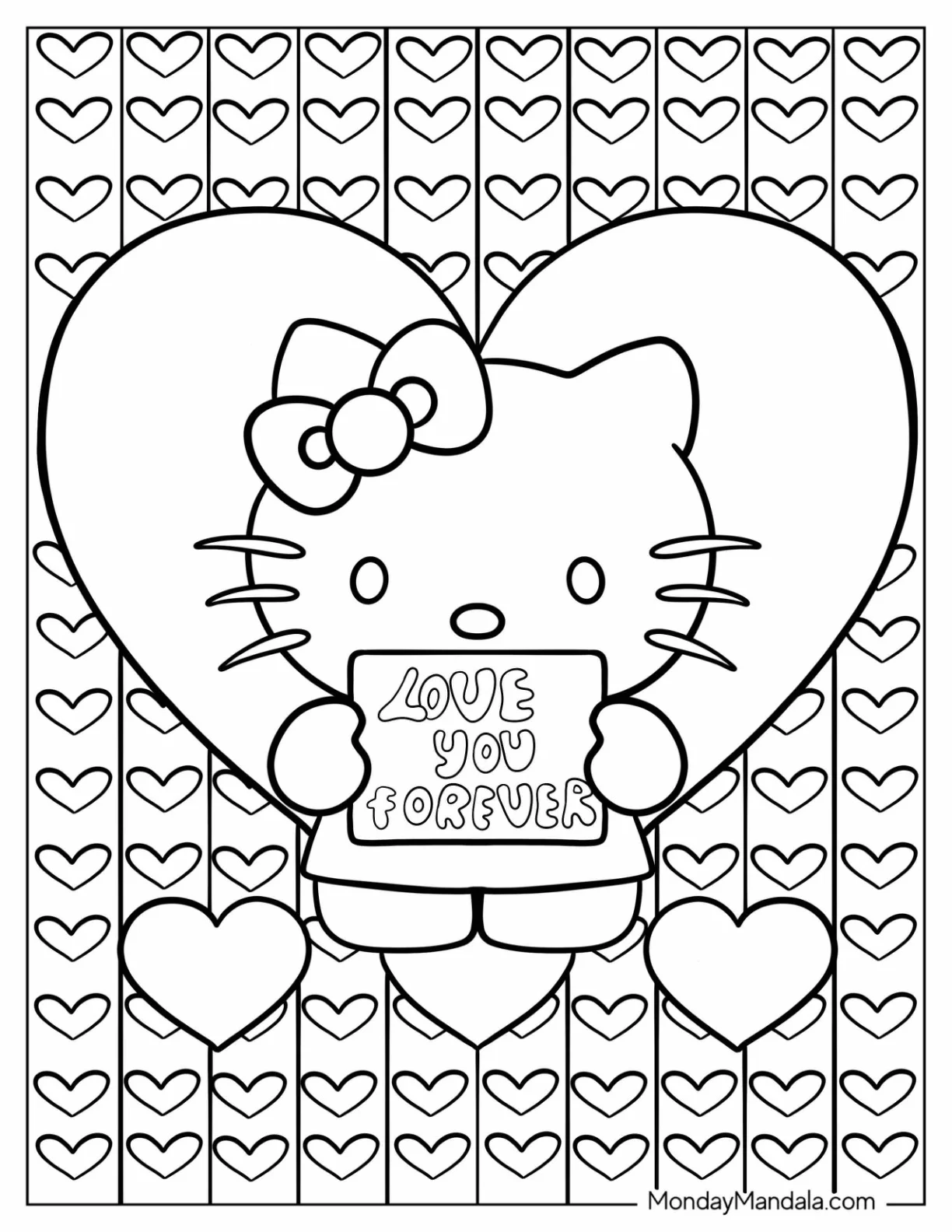 Hello Kitty With A Large Love Heart Behind Her Valentine s Day Coloring Page For Preschoolers coloring page — printable line art