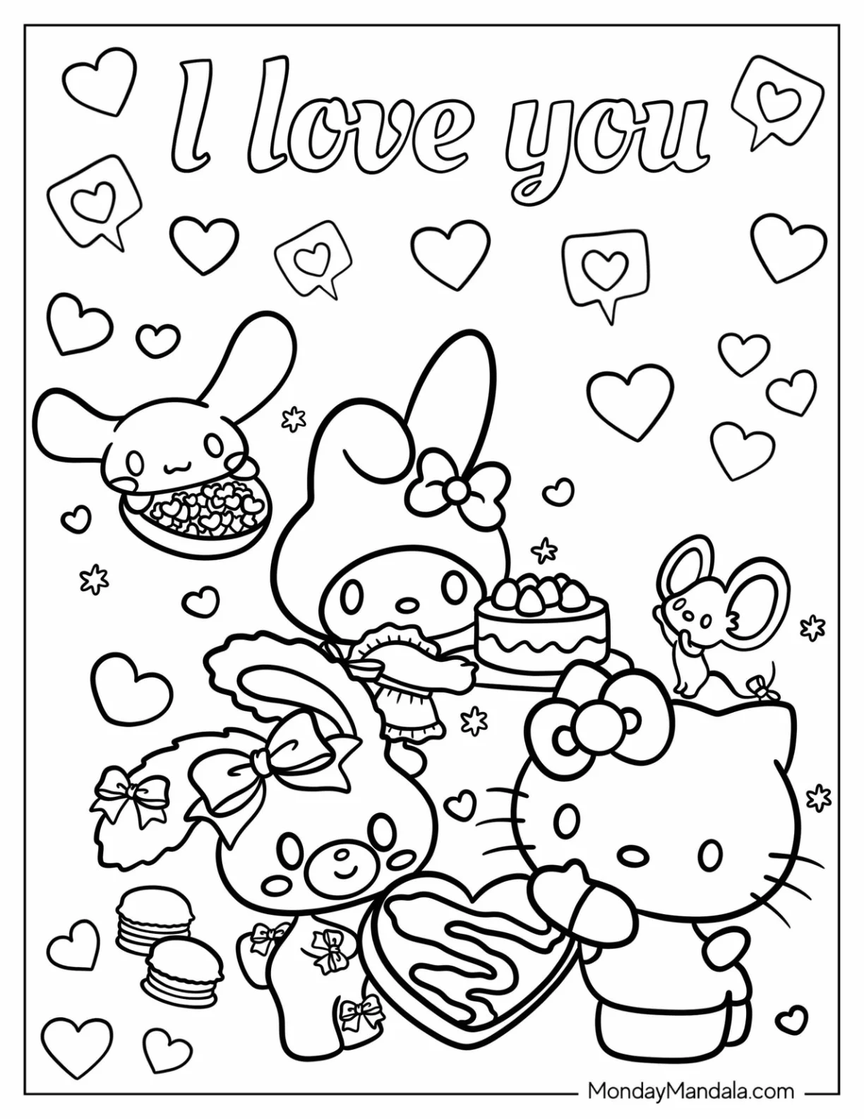 Hello Kitty With My Melody And Friends On Valentine s Day Coloring Page coloring page