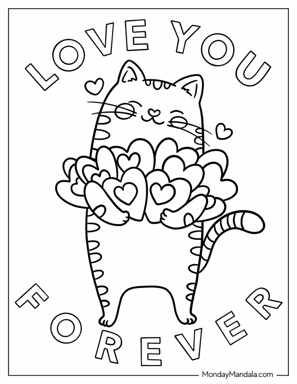 Kawaii Cat Carrying Tons Of Love Hearts coloring page
