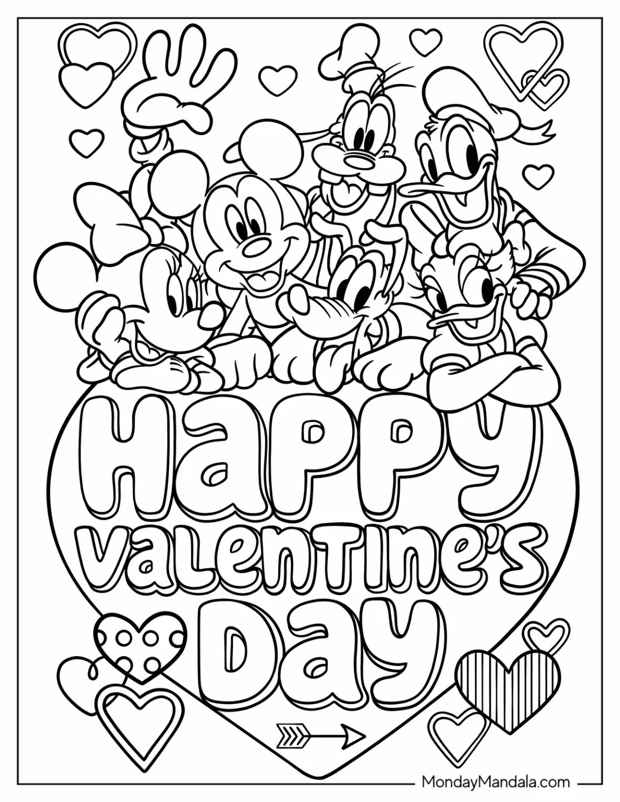 Mickey Mouse, Minnie Mouse, Goofy, Donald Duck, Daisy Duck, And Pluto Valentine's Day Coloring Page Greeting coloring page
