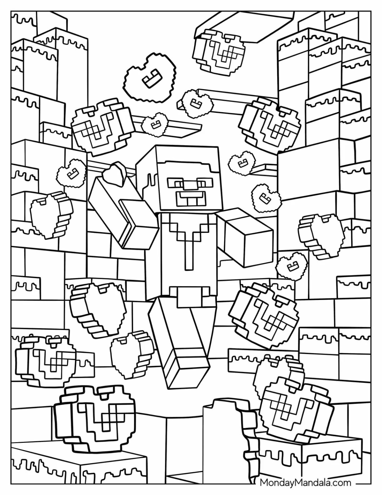 Minecraft Steve Running Through Hearts Coloring Sheet coloring page