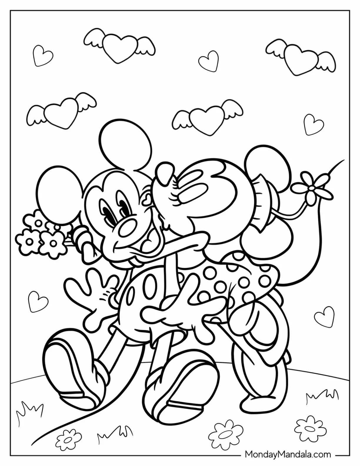Minnie Mouse Kissing Mickey Mouse Valentine's Day Coloring Page coloring page