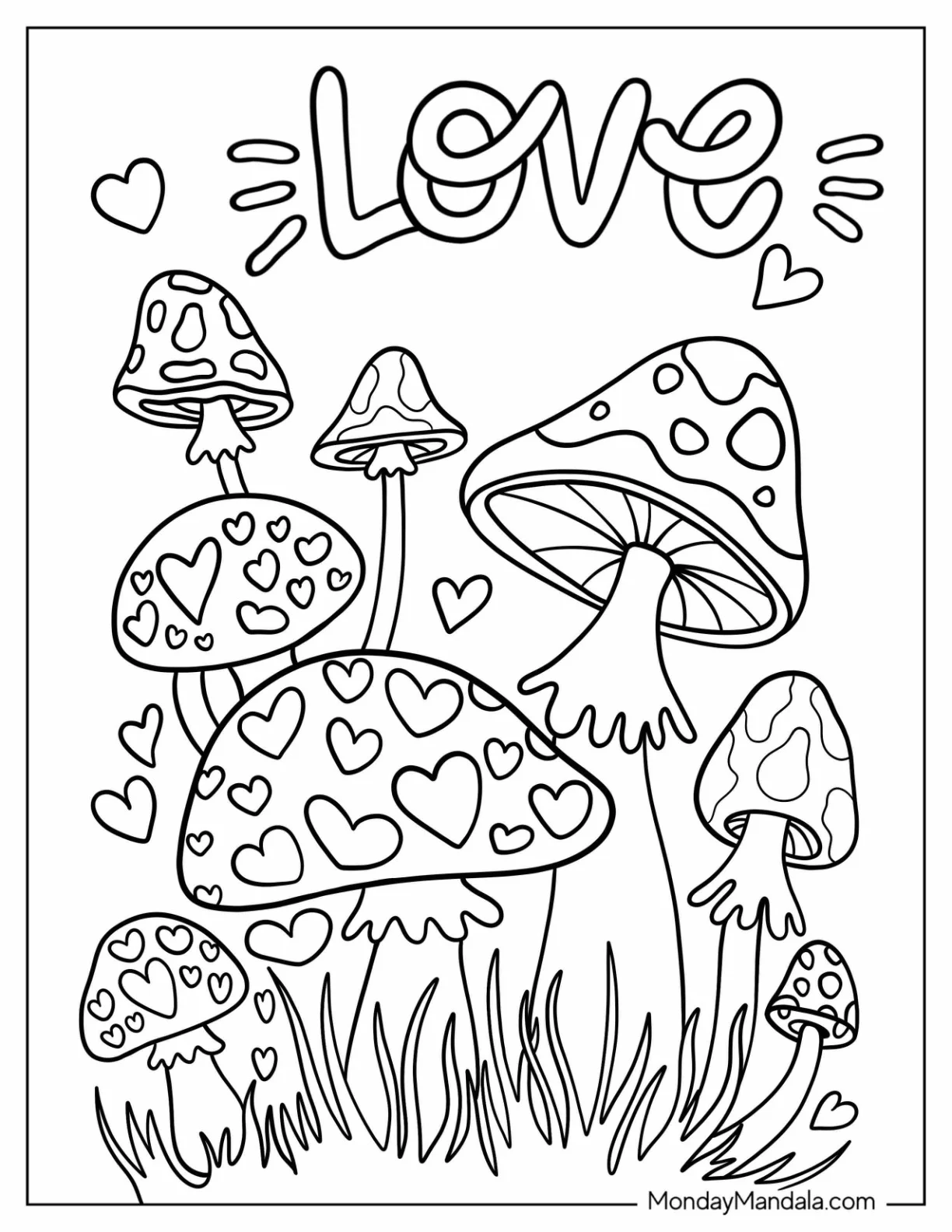 Mushrooms With Love Heart Patterns Coloring Page coloring page