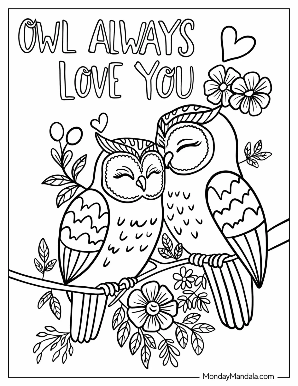 Owl Always Love You Words With Owls Cuddling Valentine s Day Coloring Page coloring page — printable line art