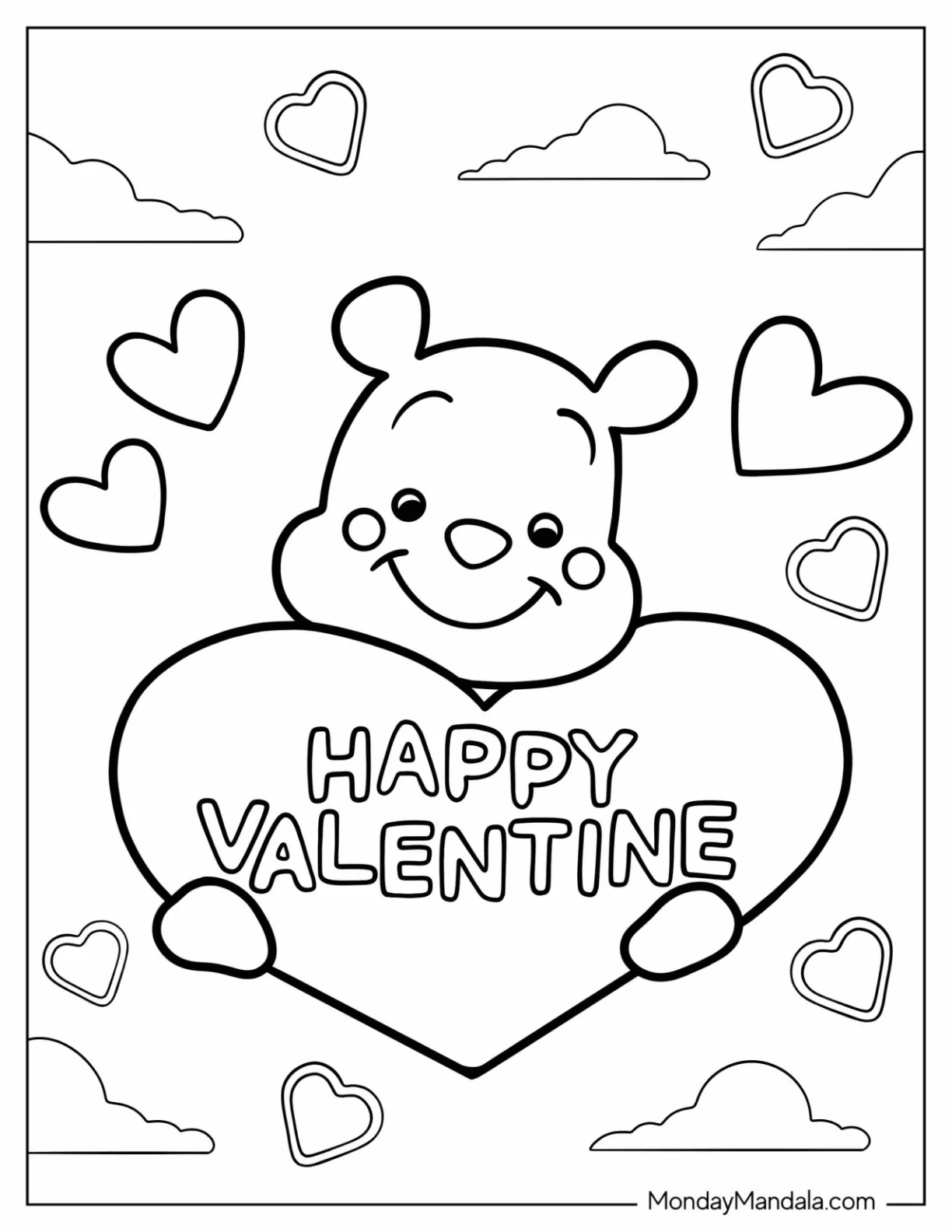 Smiling Bear Holding Happy Valentine's Day Coloring Page Sign For Kids coloring page