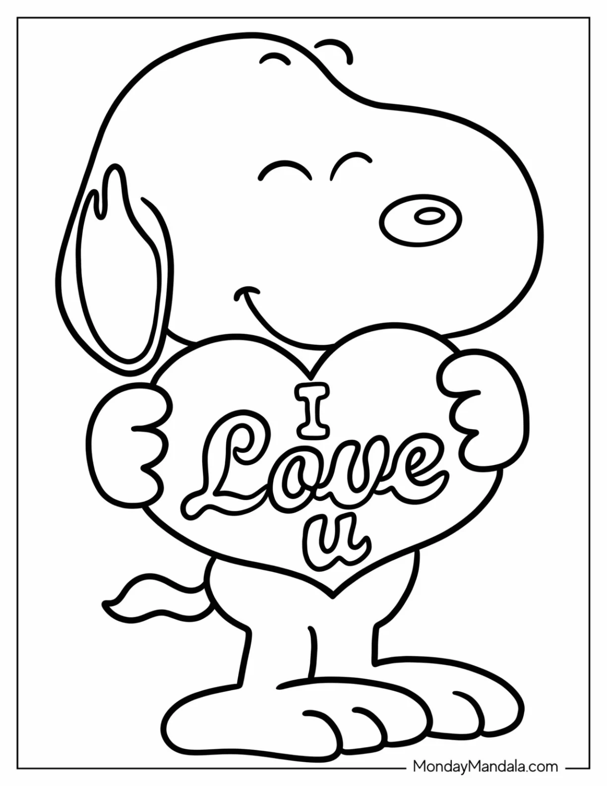 Snoopy Holding I Love You Sign Valentine's Day Coloring Page coloring page