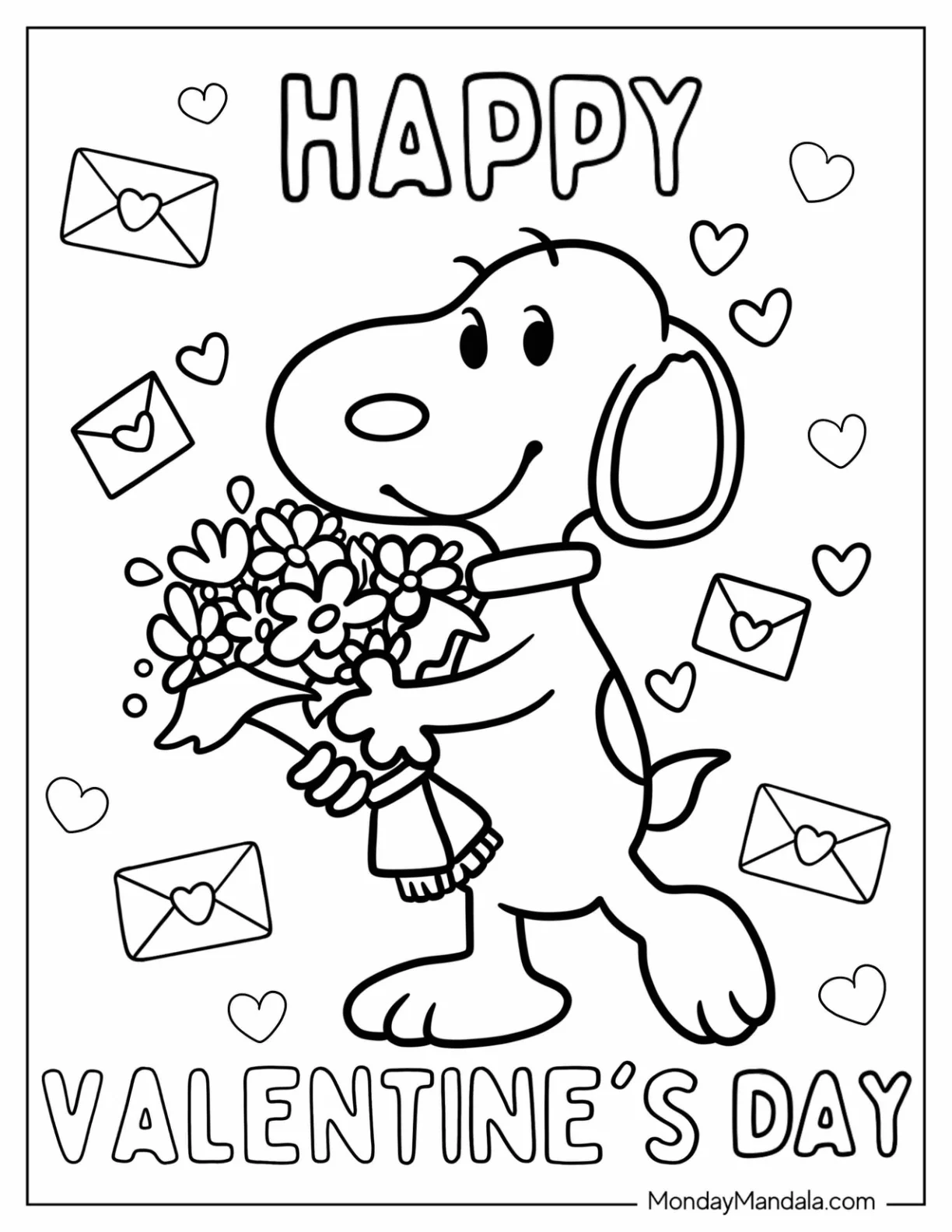 Snoopy With Flower Bouquet Happy Valentine's Day Coloring Page coloring page