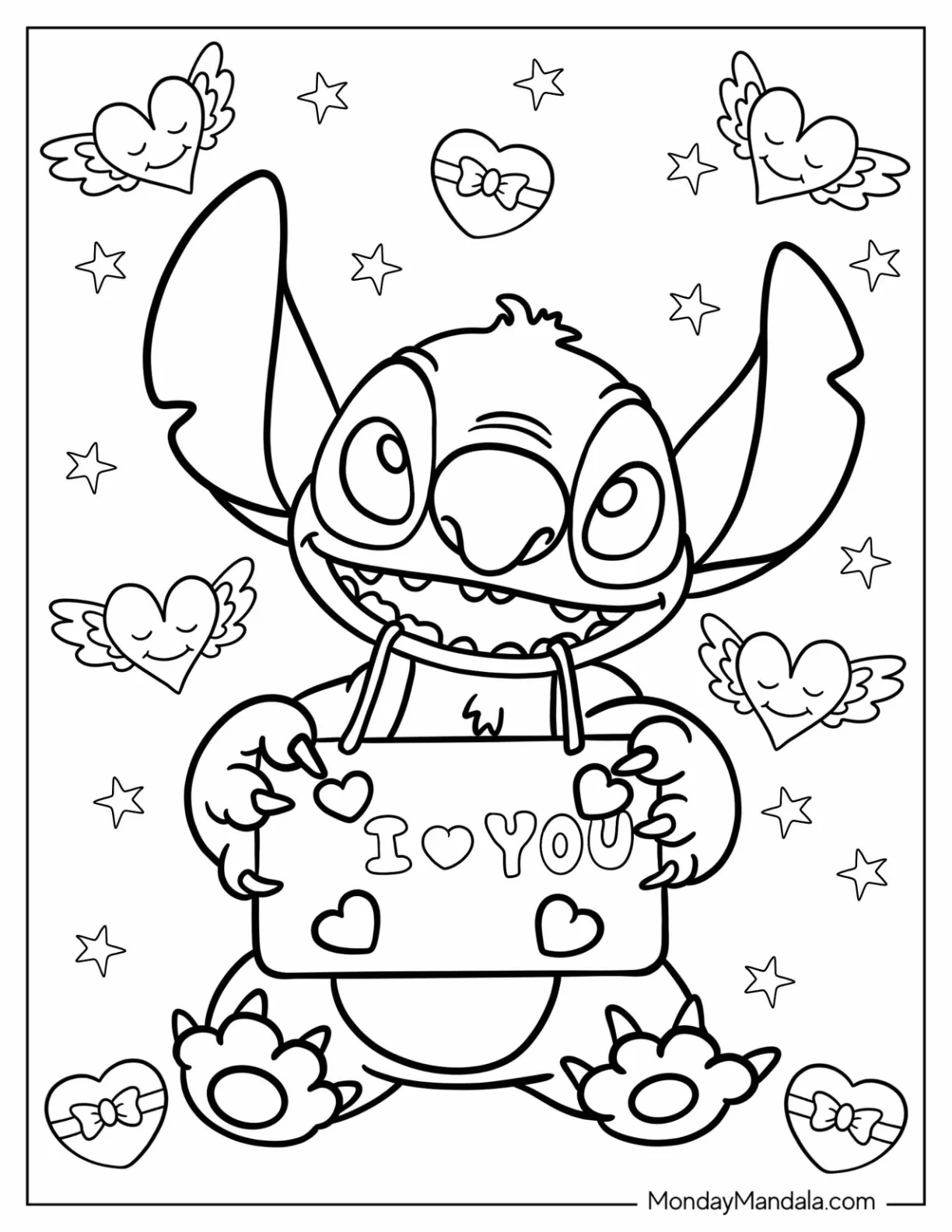 Stitch Holding An I Love You Sign Valentine s Day Coloring Page For Kids coloring page