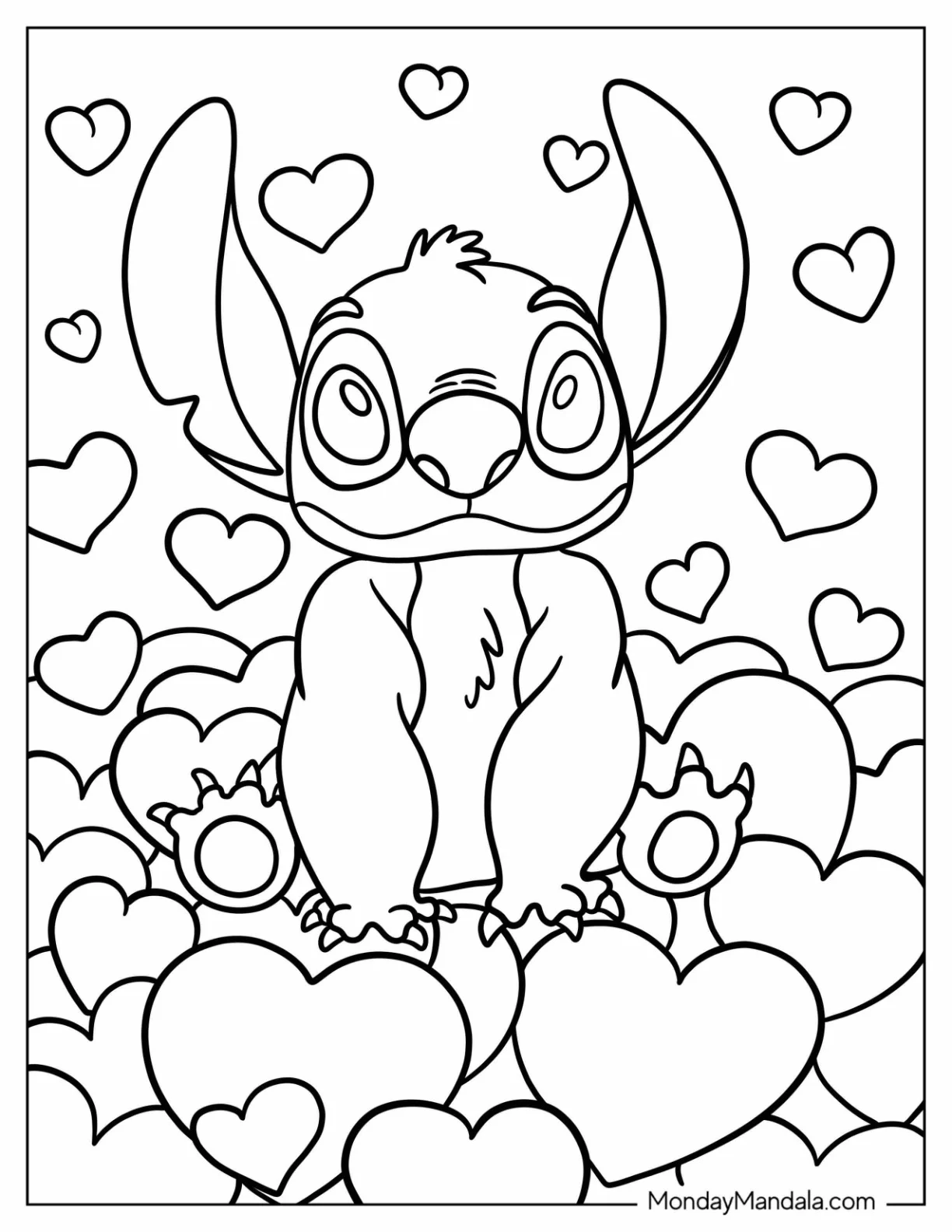Stitch Sitting On A Pile Of Love Hearts coloring page